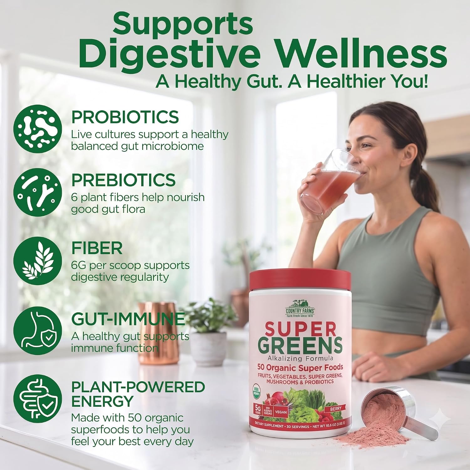 Country Farms Organic Super Greens Powder, Daily Greens Drink Mix with 50 Organic Superfoods, Fruits, Vegetables, Fiber, Mushrooms & Probiotics for Gut Health, Digestion & Energy, Berry Flavor