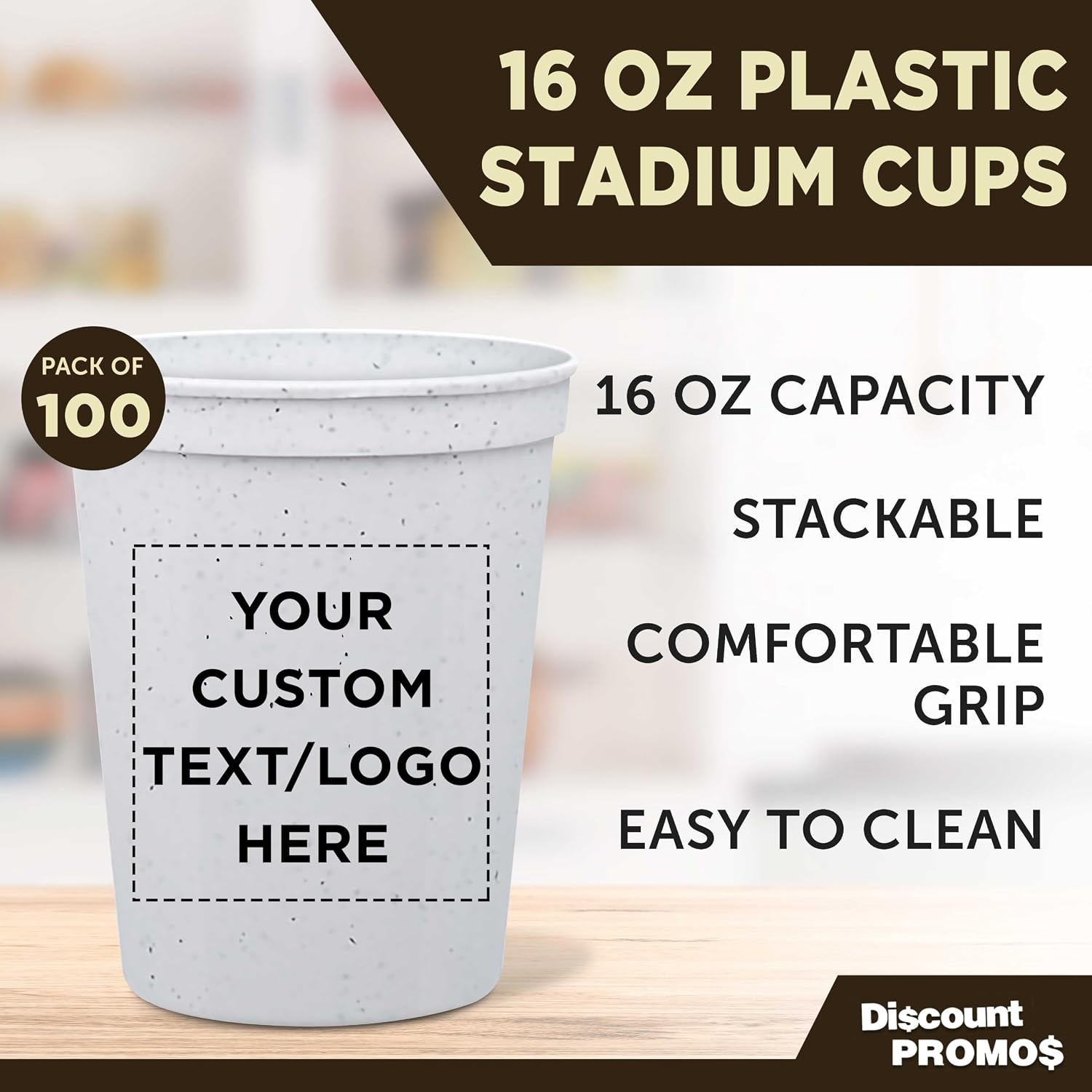 DISCOUNT PROMOS Custom Plastic Stadium Cups 16 oz. Set of 10/50/100, Personalized Bulk Pack - Perfect for Birthdays, Weddings, Picnic, Beach