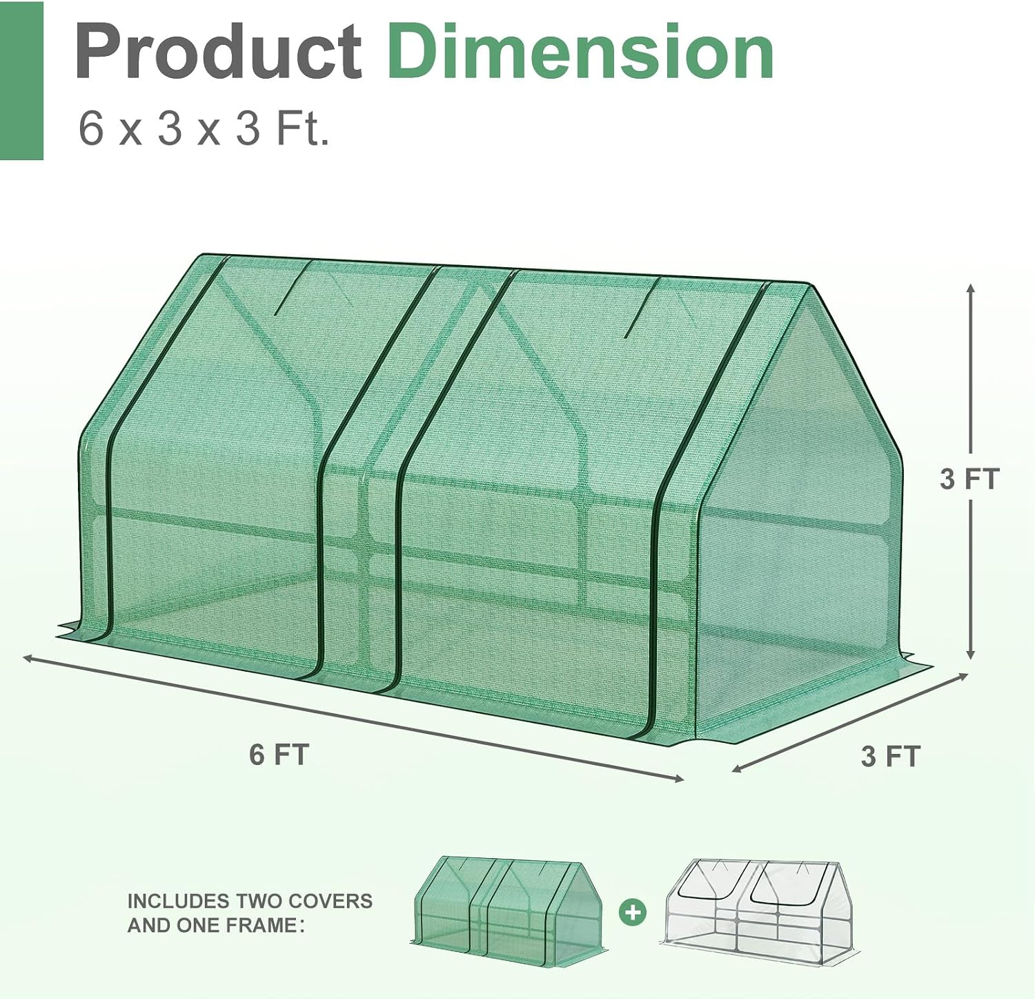 Aoodor 6 x 3 x 3 ft Mini Greenhouse with 2 Zipper Doors, Water-Resistant, UV-Protected for Flowers, Vegetables, and Herbs, Green