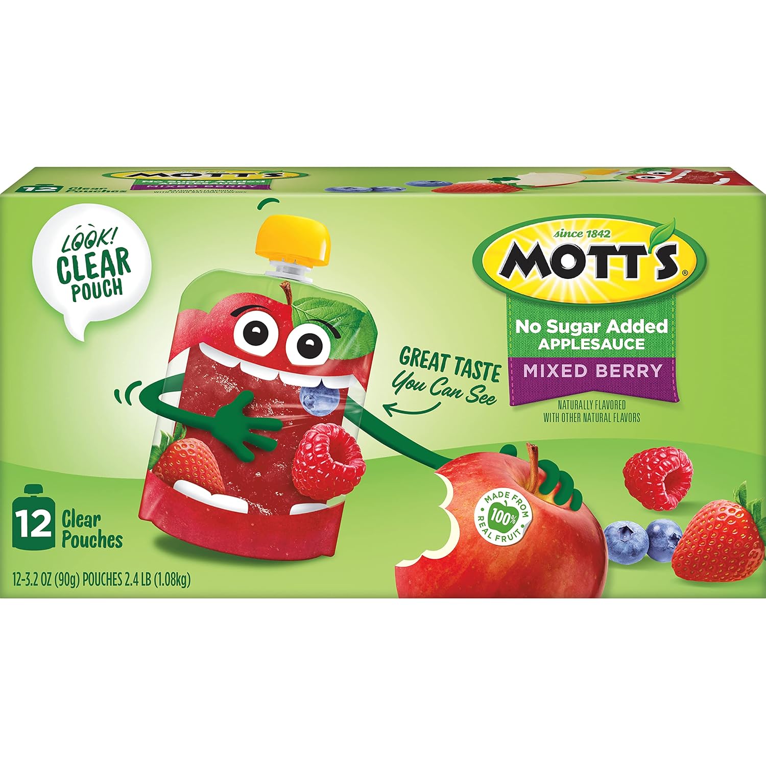 Mott's No Sugar Added Strawberry Applesauce, 3.2 Oz Clear Pouches, 48 Count (4 Packs Of 12), Good Source Of Vitamin C, No Artificial Flavors