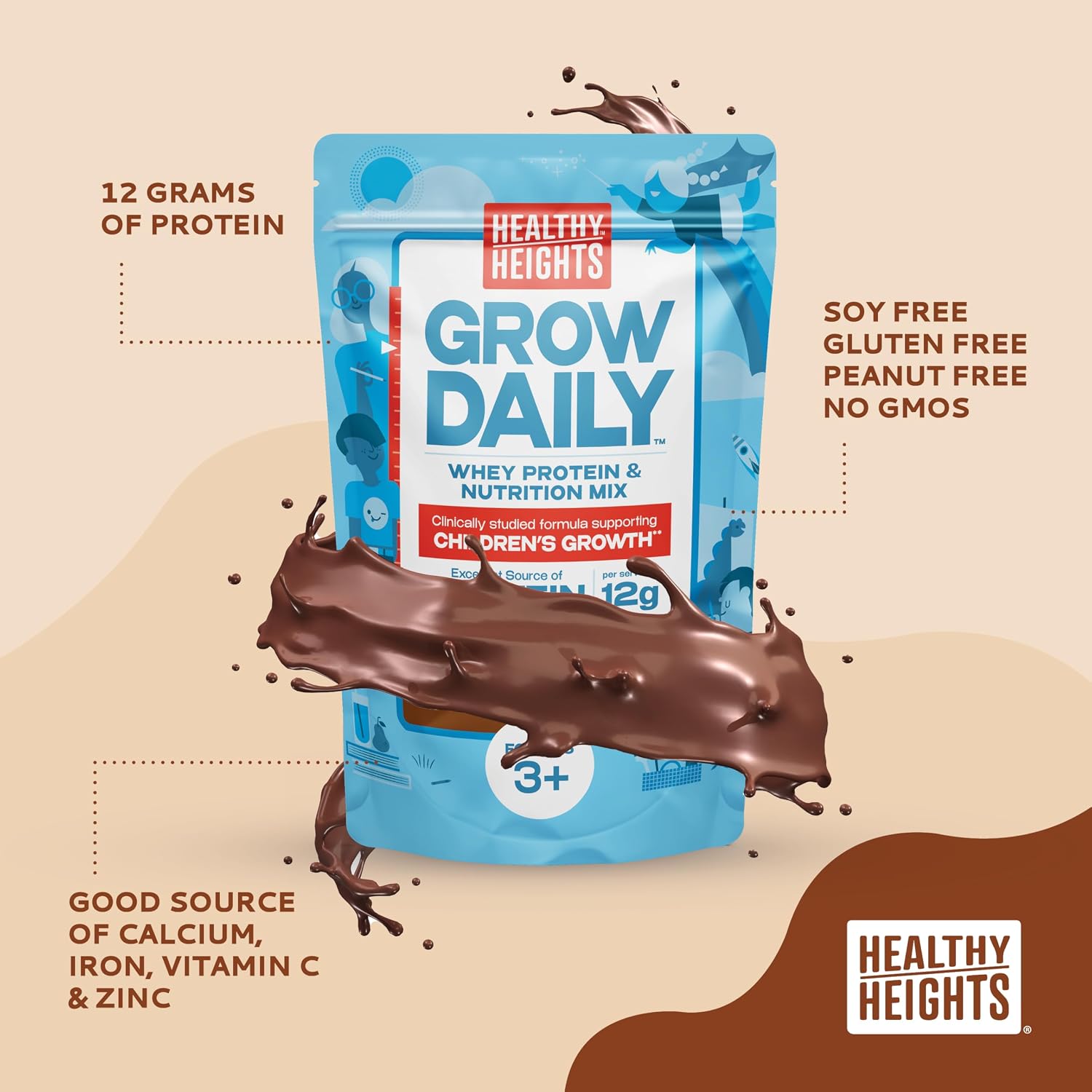 Healthy Heights Grow Daily Kids Protein Drink Mix (Chocolate) - High Protein Shake for Kids 3+, 21.6 oz