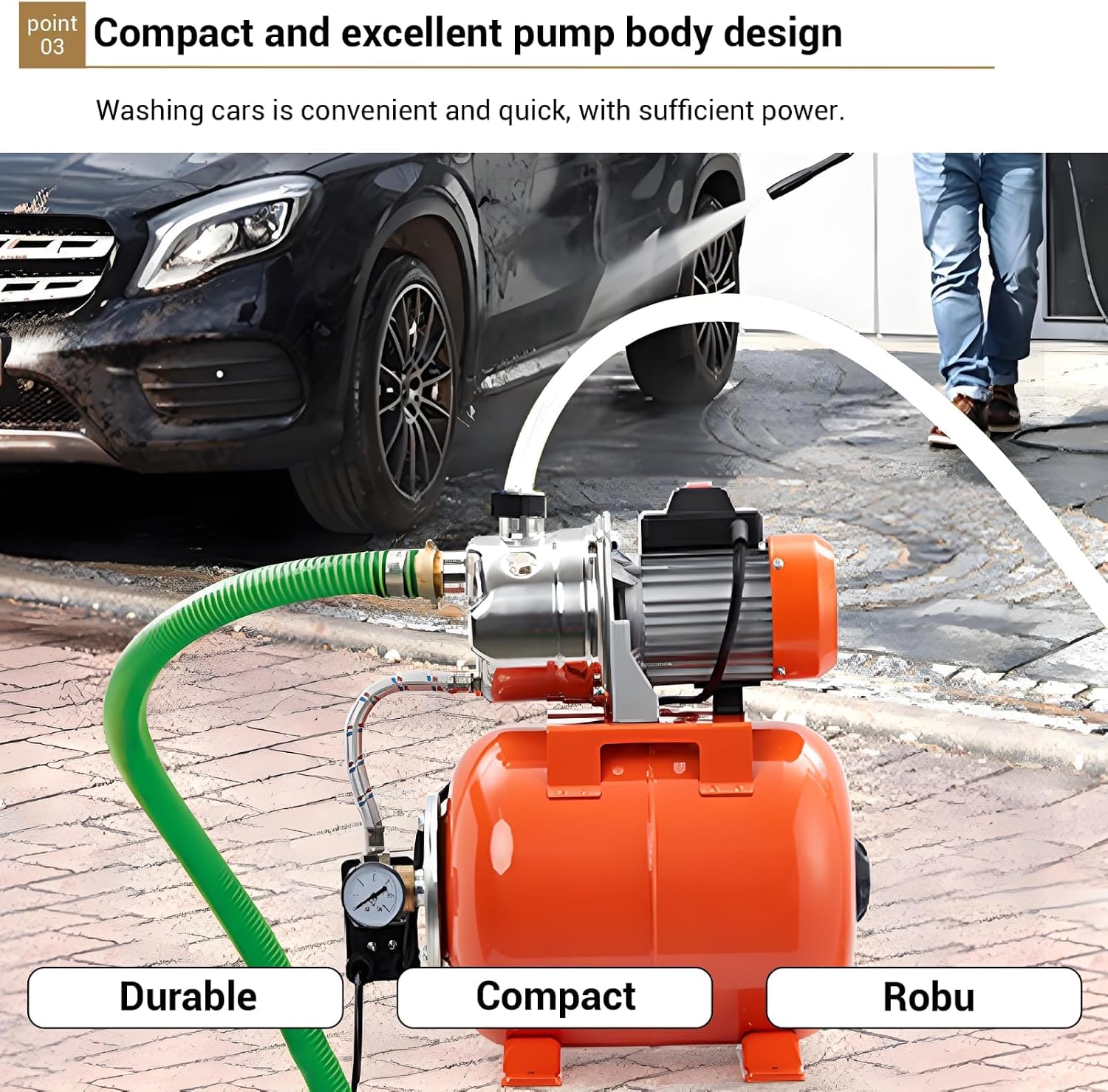 1HP Stainless Steel Water Transfer Pump with Well Pressure Tank – Shallow Well Pump & Irrigation Pump Combo, 130ft Max Lift, 20ft Suction Lift, Automatic Pressure Switch for Farm Use