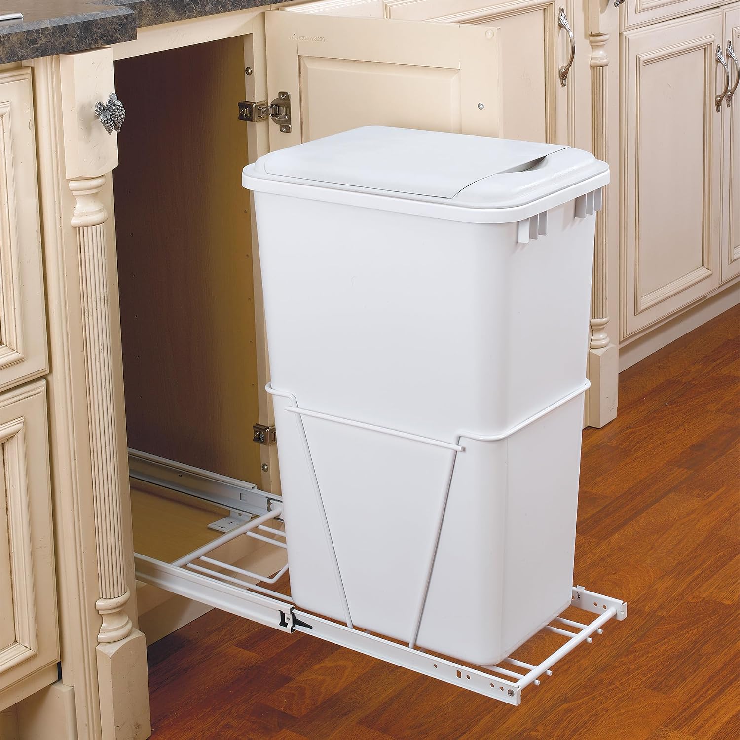 Rev-A-Shelf Single 35 Qt Pullout Trash Can for Base Kitchen Cabinets | Garbage Waste Bin System with 3/4 Extension Slides, Min Opening Width of 11, White, RV-12PB