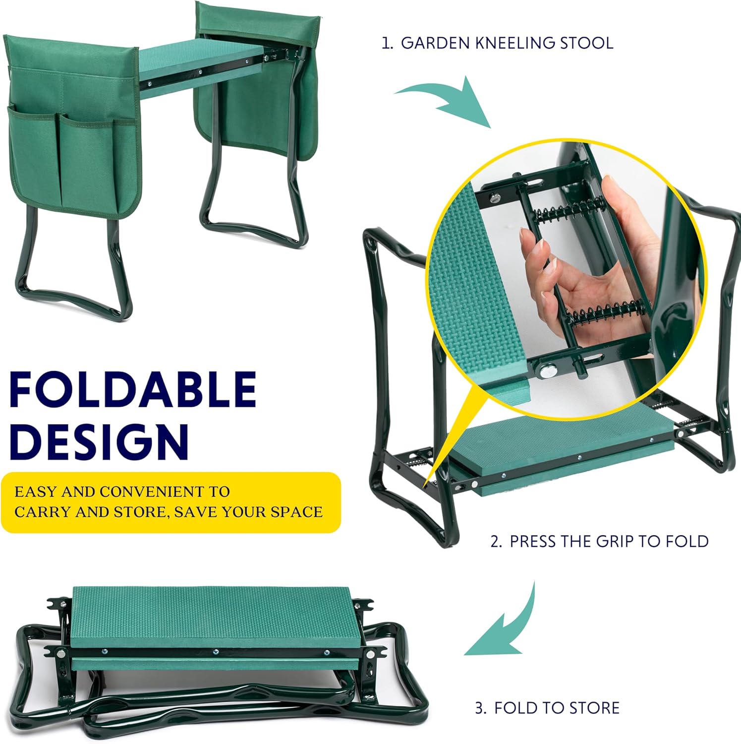 iPower Garden Kneeler and Seat Foldable Kneeling Bench with Sturdy Soft EVA Foam Pad for Outdoor, Fishing, Camping, 2 Tool Pouches Included, Green