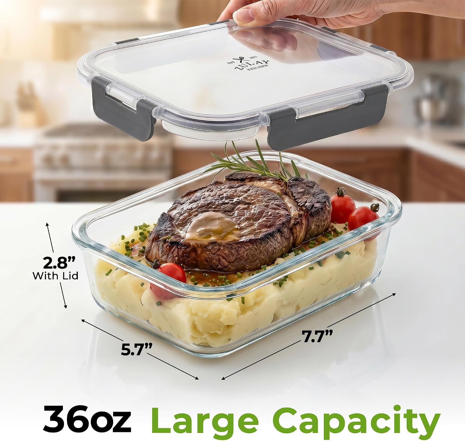 Zulay Kitchen 5 Piece Large 36oz Glass Storage Container Sets with Lids - Premium BPA Free Borosilicate Glass Food Storage Containers - Leak-Proof