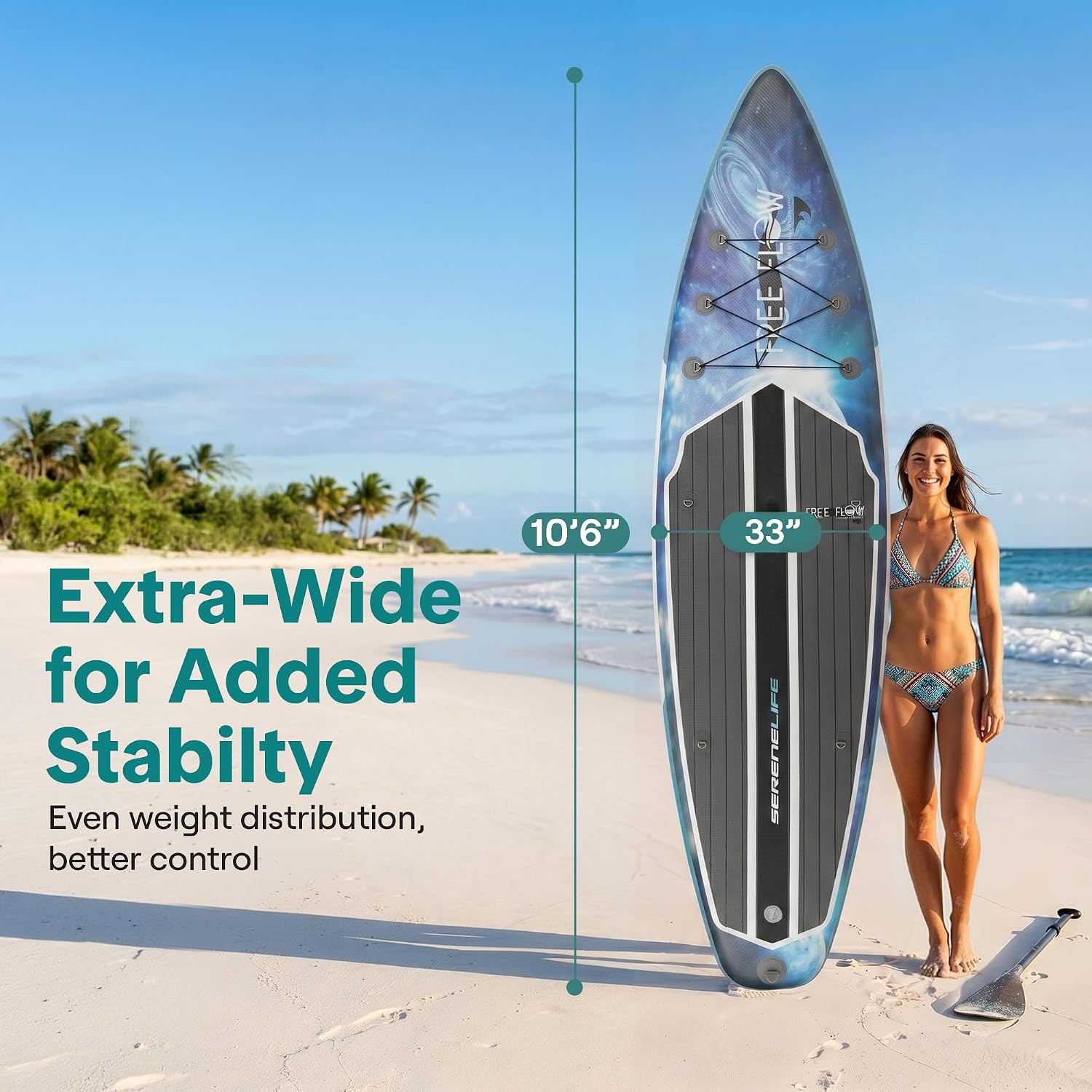 SereneLife 10’6” Inflatable Stand Up Paddle Board with Premium SUP Accessories - 32” Wide Stable Design with Non-Slip EVA Deck Pad