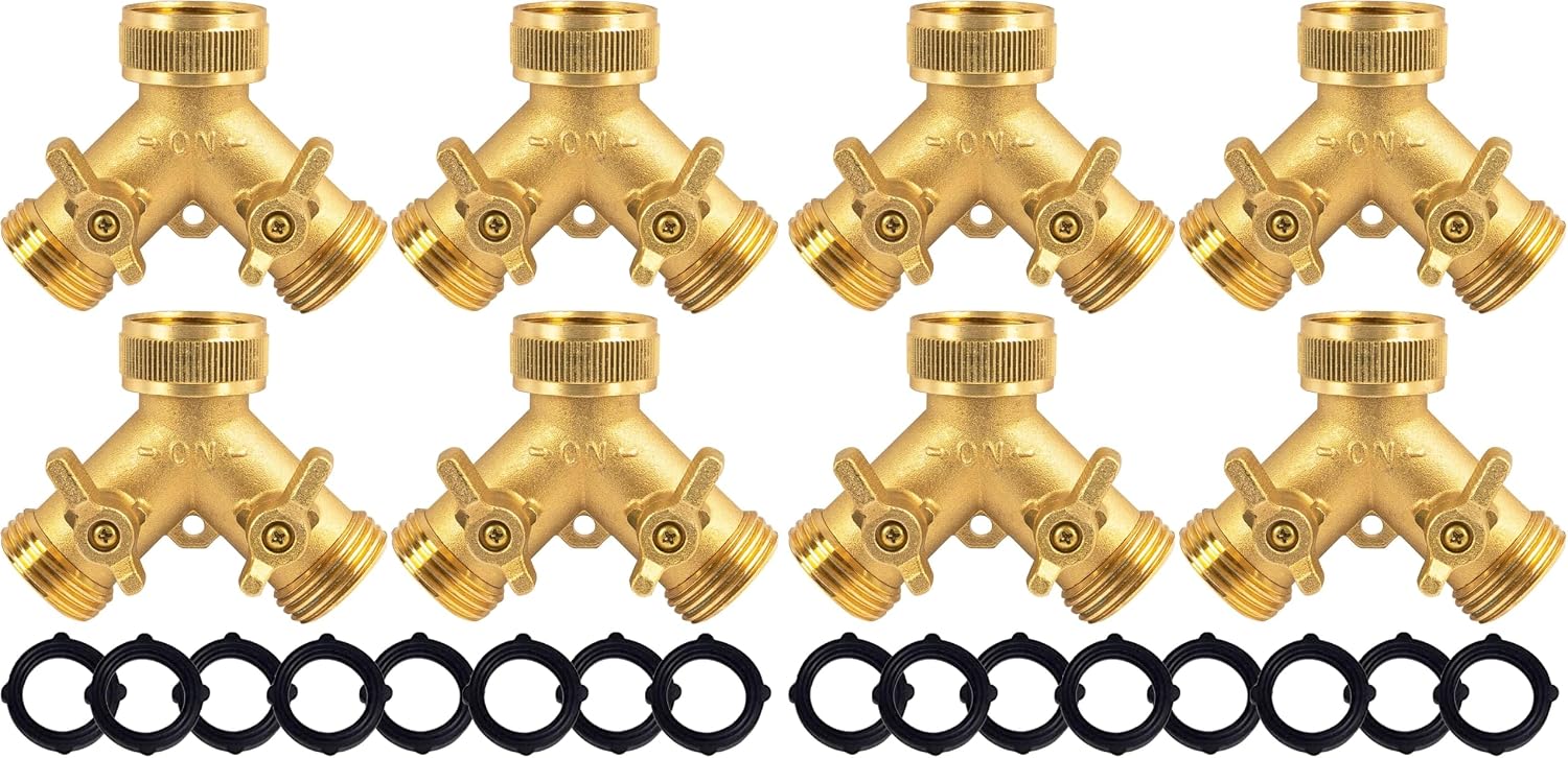 Hourleey Brass Garden Hose Splitter (4 Way), Solid Brass Hose Connector 3/4", Hose Spigot Adapter 4 Valves with 4 Extra Rubber Washers