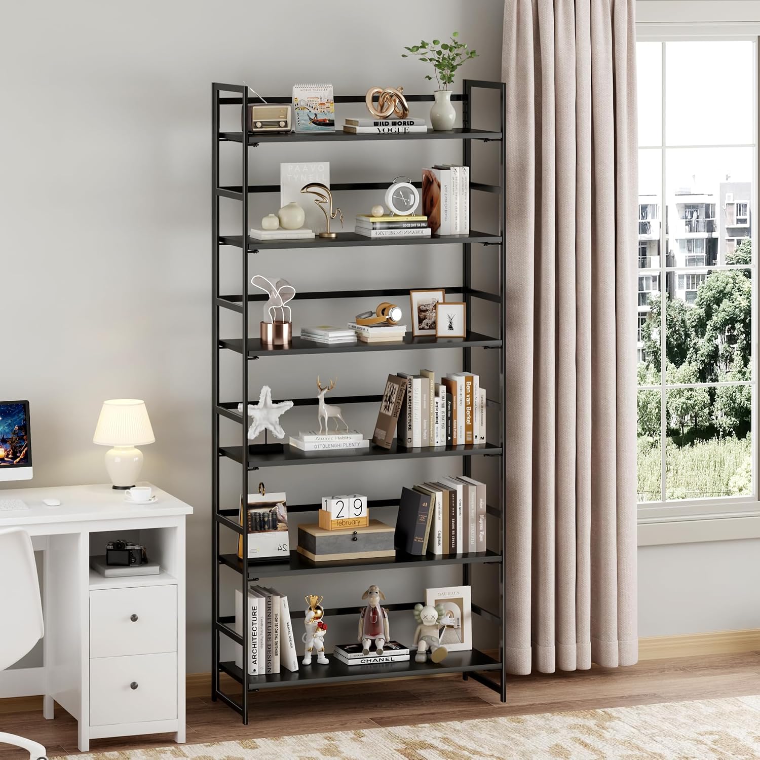 Vintage Multifunctional Folding Bookshelf, No-Assembly Plant Stand Storage Rack Shelves for Home Office (Fire, 5-Tier)