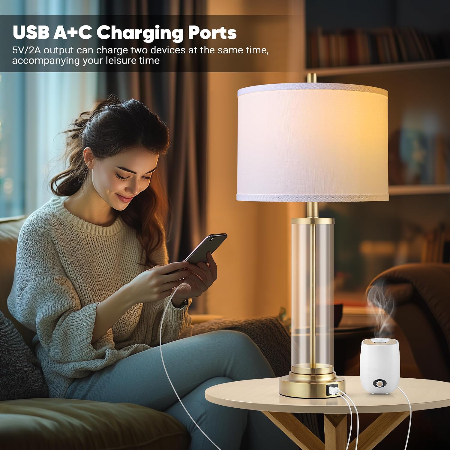 QiMH Lamps for Bedrooms Set of 2, Touch Control Table Lamps with USB A+C Ports, 3-Way Dimmable Bedside Lamp with Fabric Lampshade