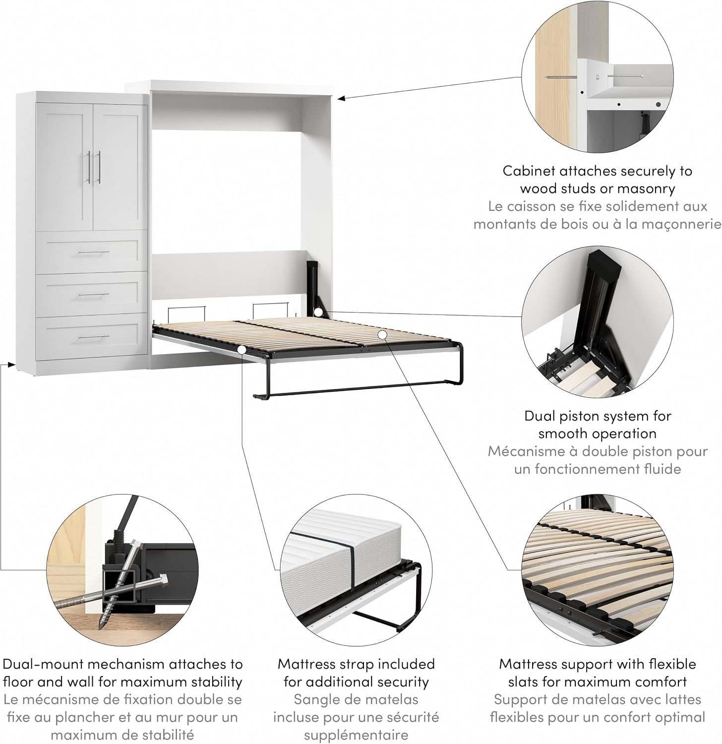 BESTAR Pur Murphy, Space-Saving Wall Bed for Multipurpose Room, Queen, White | Supports up to 1000 lb, min. ceiling height 91.1 in.
