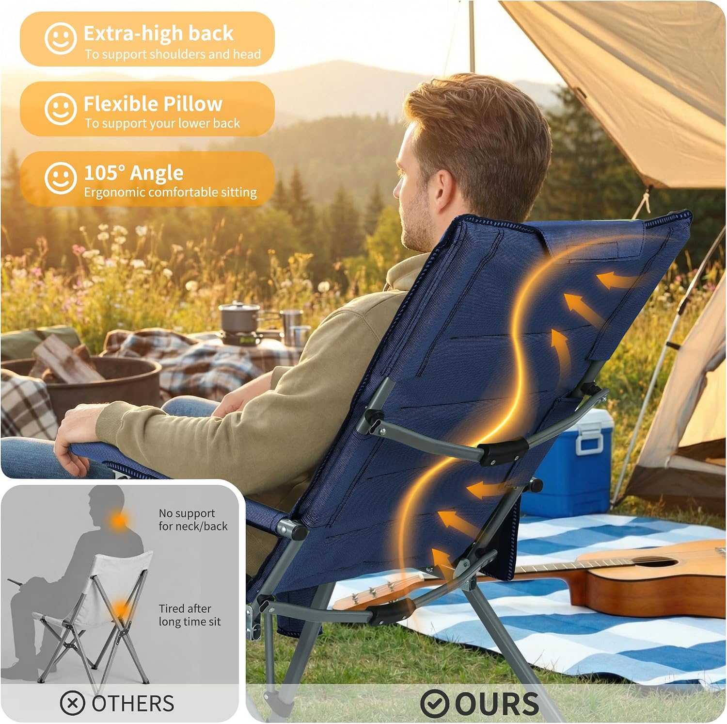 Adjustable Back Folding Camping Chair for Camp, Picnic, Lawn, Fishing | Adjustable Back; Weight Capacity 400 LBS;Hard Arm Portable Chair;Cup Holder;Storage Bag;carrying bag