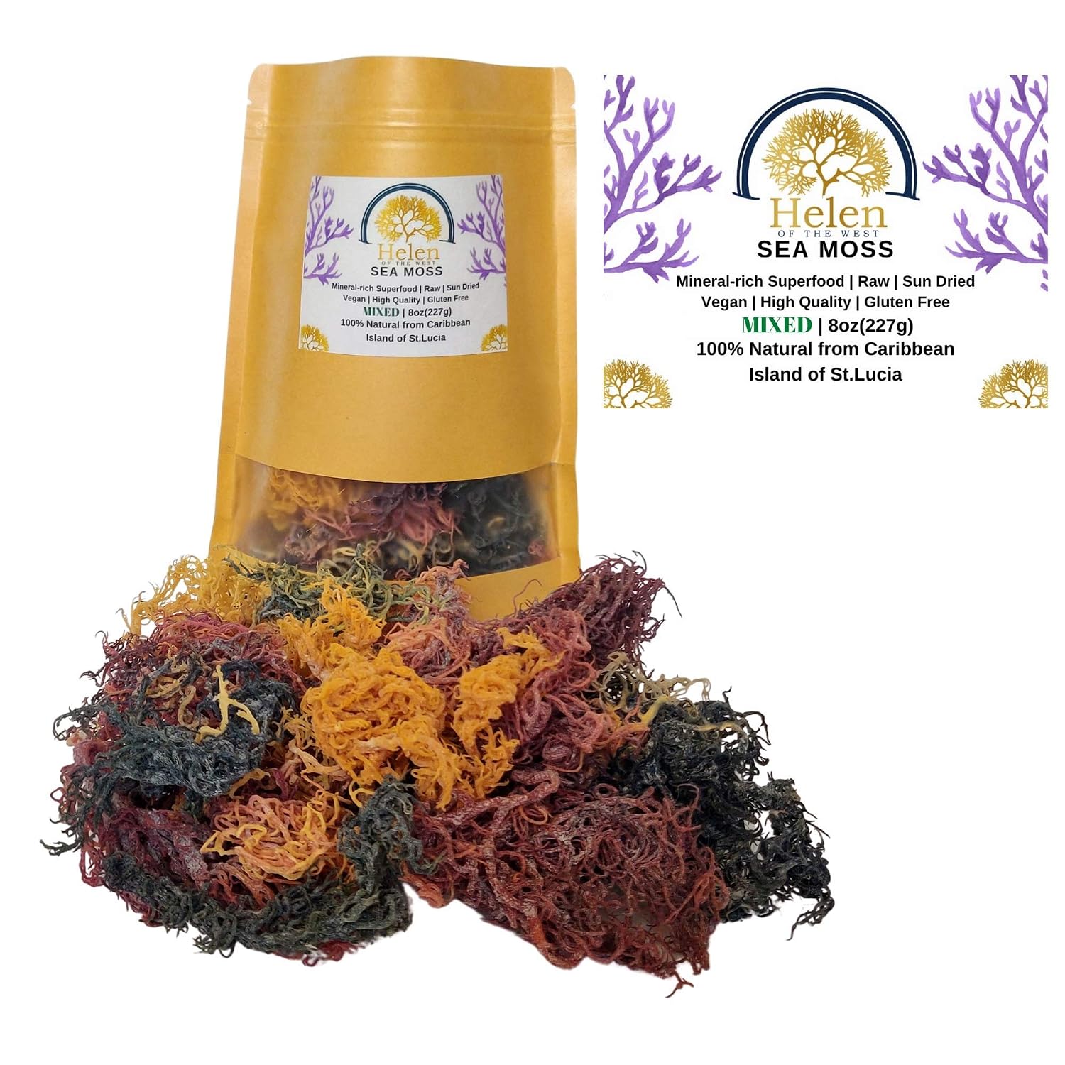 Wildcrafted Sea Moss | Gold - Purple - Green - Mixed | 100% Natural Irish Moss from St.Lucia | Mineral-Rich Superfood | 8oz Sun-Dried Moss | NO