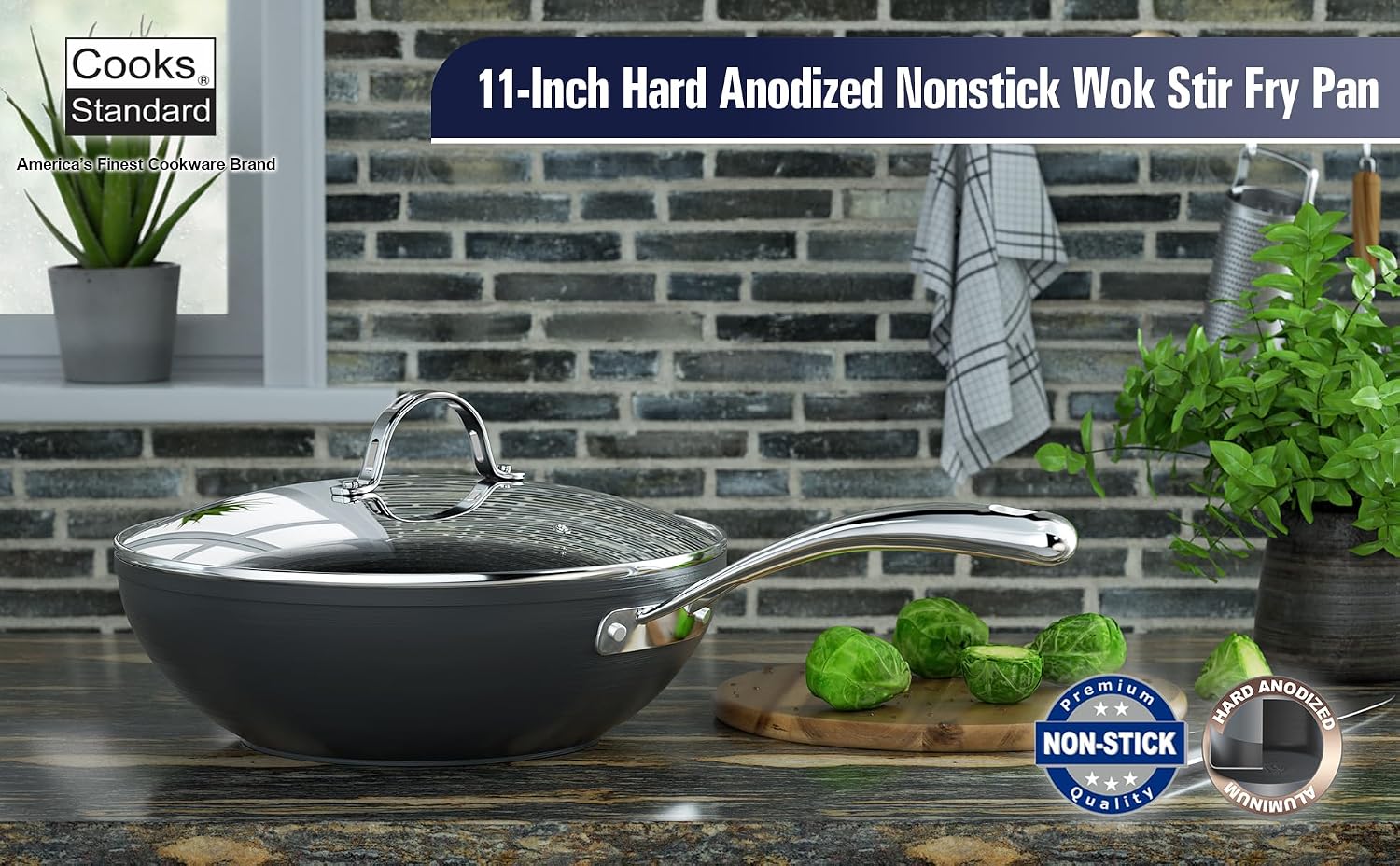 Cooks Standard Classic 11-Inch Hard Anodized Nonstick Wok Stir Fry Pan | 3-Qt Deep Frying Pan with Vented Glass Lid, Stay-cool Handle
