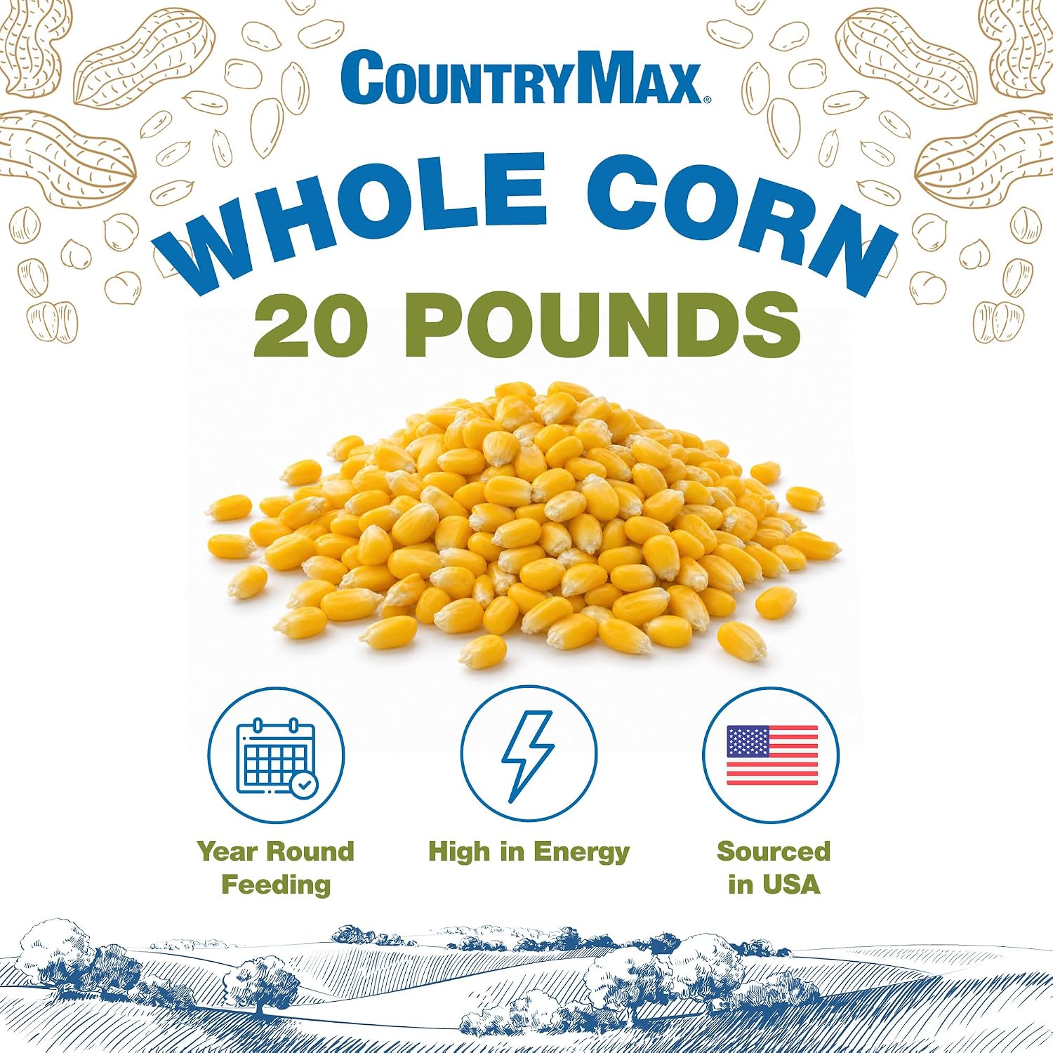 CountryMax 50LB Cracked Corn Chicken Feed, for Birds, Deer, Squirrels | High Energy, USA Sourced, Year-Round Feeding for Poultry, Wildlife, Birds. For Ground Feeding or Bird Feeders