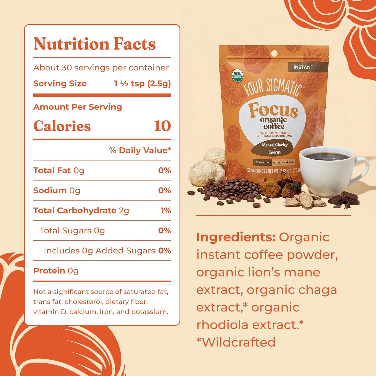 Four Sigmatic Organic Instant Coffee Powder | Mushroom Coffee Instant Mix with Cordyceps, Chaga and Eleuthero for Better Focus and Immune Support | 10 Packets