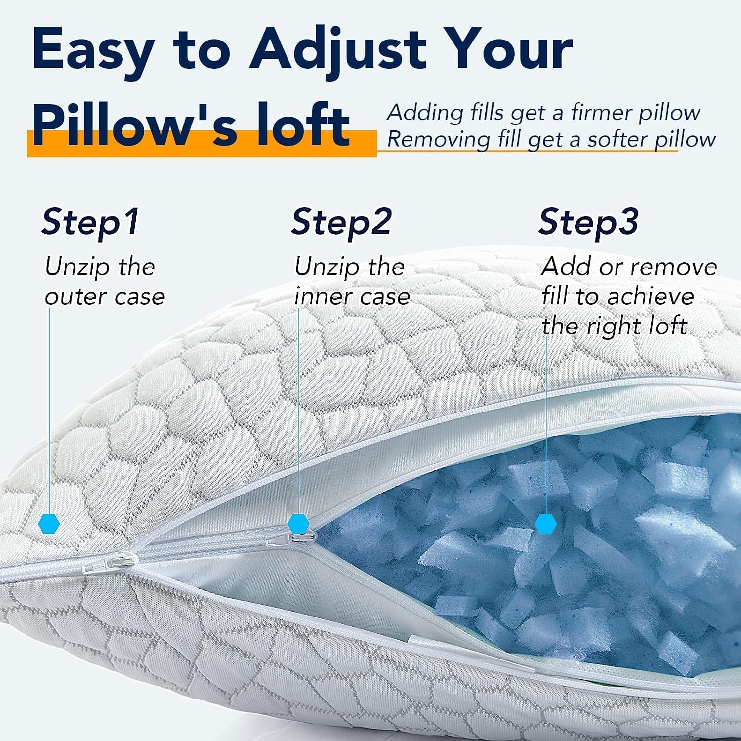 QUTOOL Cooling Pillow for Sleeping, CertiPUR-US Shredded Memory Foam Queen Pillows Set of 2, Cool Pillow for Hot Sleepers Adjustable Firm Pillow for Side, Back, Stomach Sleepers Soft Yet Support,White