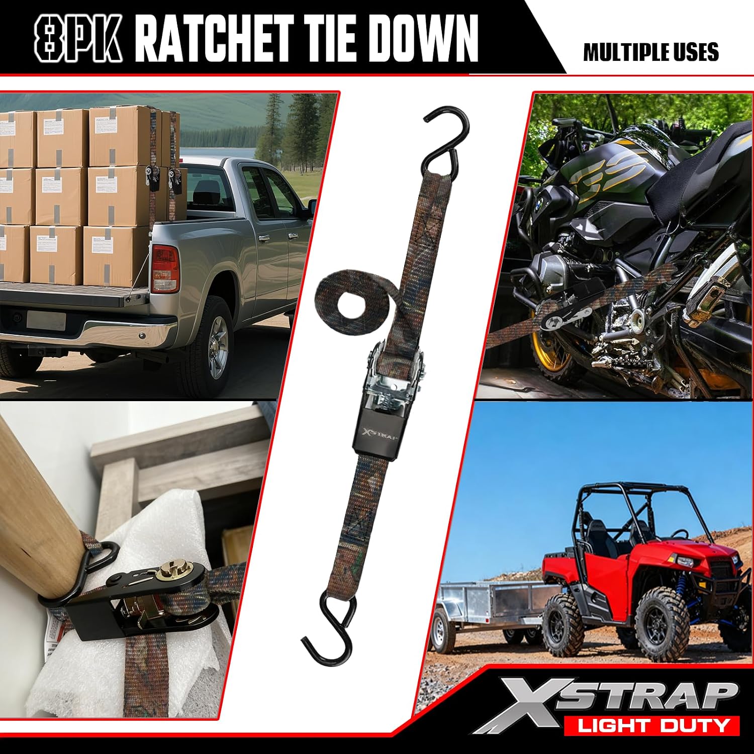 XSTRAP STANDARD 8-PK Ratchet Tie Down Straps, 1" x 10ft Cargo Strap, Yellow