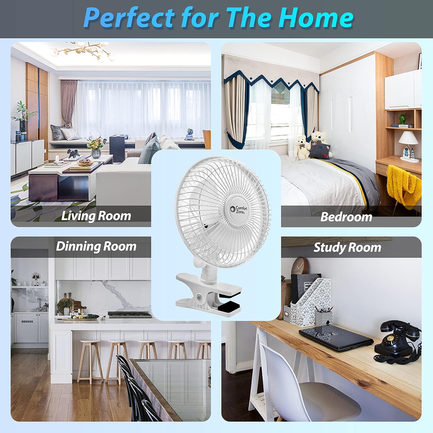 Comfort Zone Portable Clip on Fan with Fully Adjustable Tilt, Electric, 6 inch, Quiet, Indoor, 2 Speed, Mini Desk Fan, Table Fan, Airflow 6.53 ft/sec, Ideal for Home, Bedroom, Dorm & Office, CZ6C