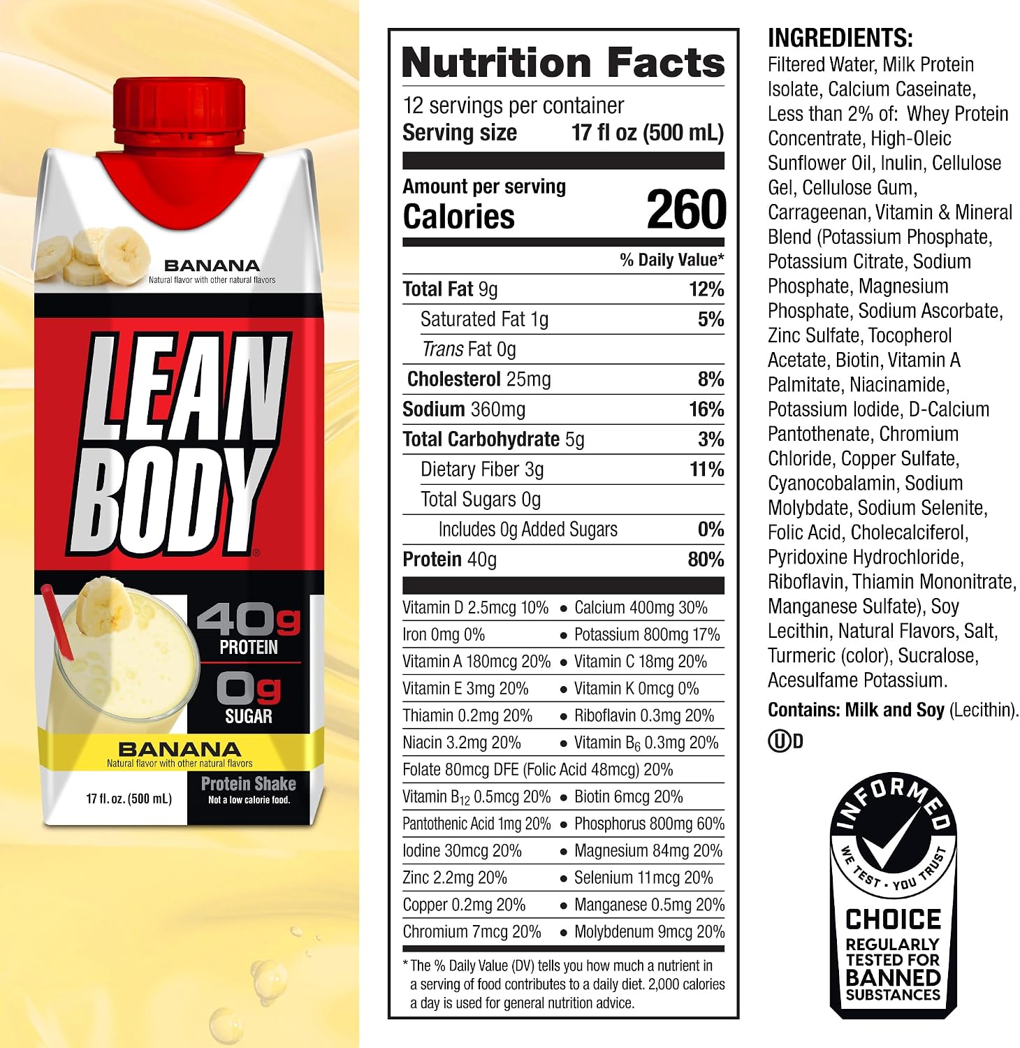 Labrada Lean Body Ready-to-Drink Chocolate Protein Shake, 40g Protein, Whey Blend, 0 Sugar, Gluten Free, 22 Vitamins & Minerals, LABRADA, 17 Fl Oz (Pack of 12)