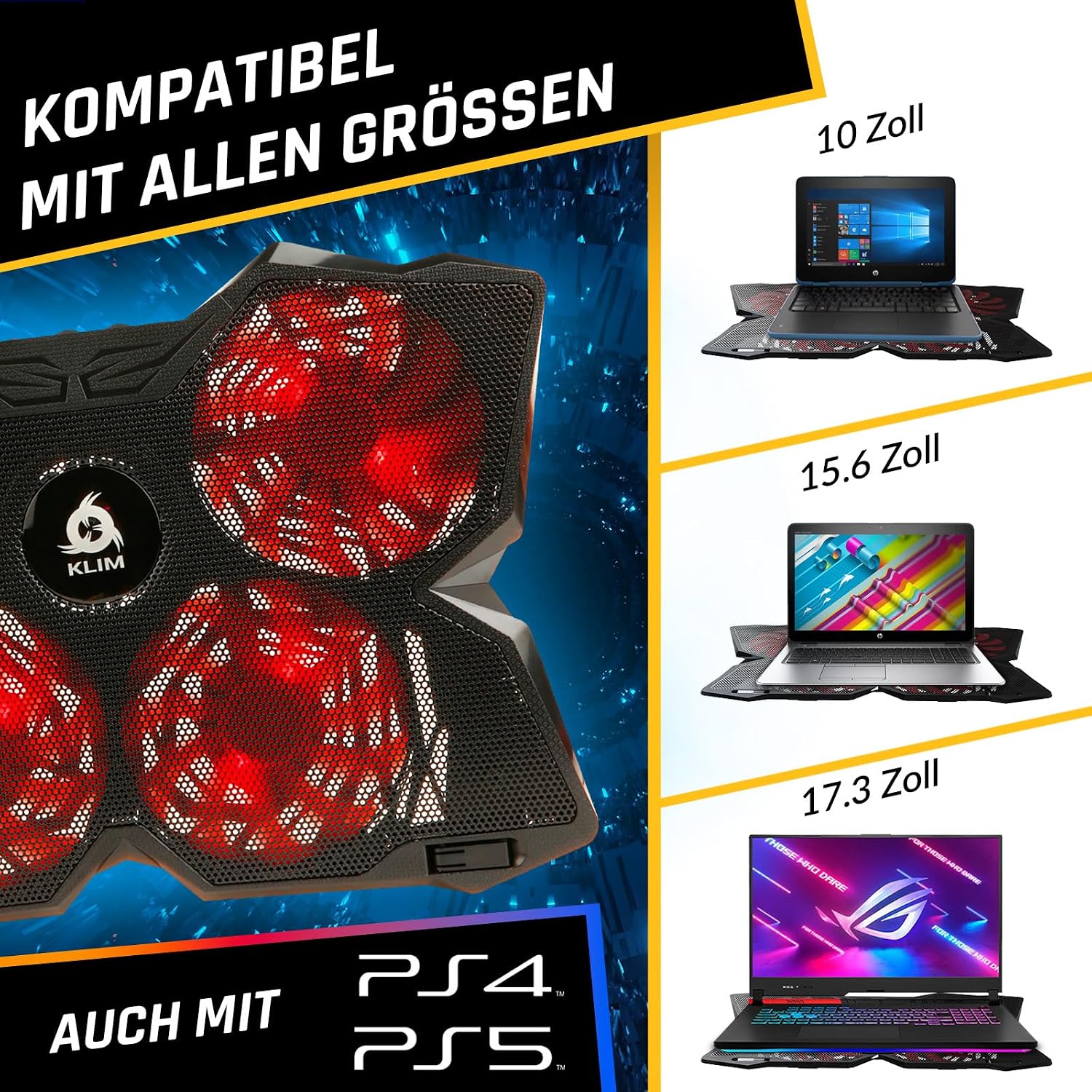 KLIM Wind Laptop Cooling Pad - More Than 500 000 Units Sold - New Version - The Most Powerful Rapid Action Cooling Fan - Laptop Stand with 4 Cooling Fans at 1200 RPM - USB Fan - PS5 PS4 - Blue