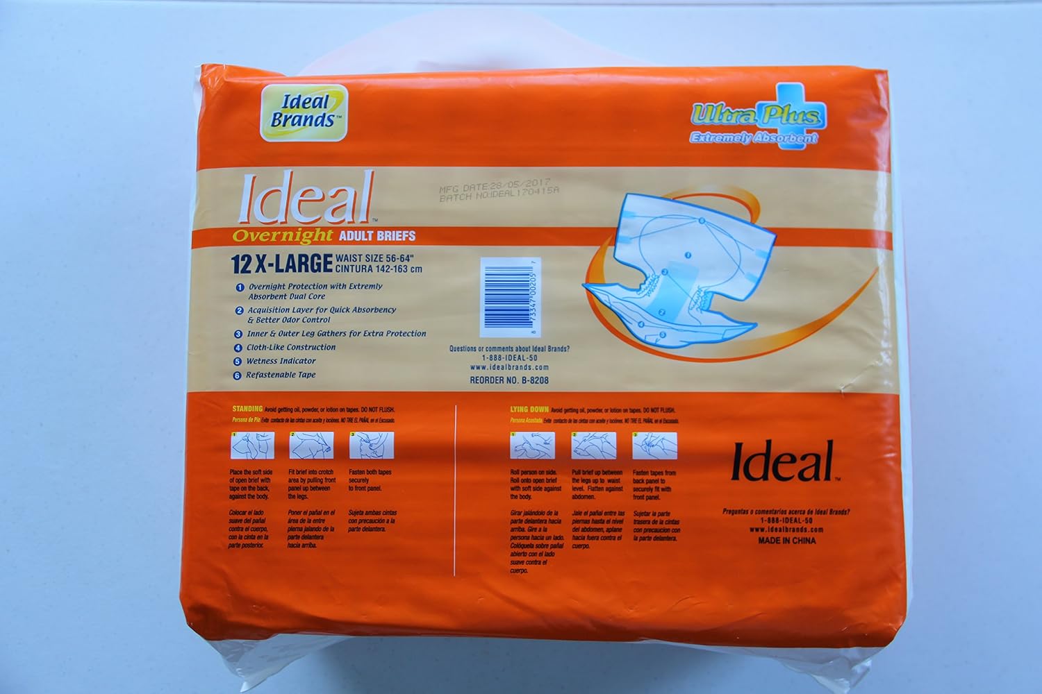 Adult Briefs (Diapers) Over Night Ultra Plus Extreme Absorbency- Size- X-Large B-8208- ONE Bag of 12