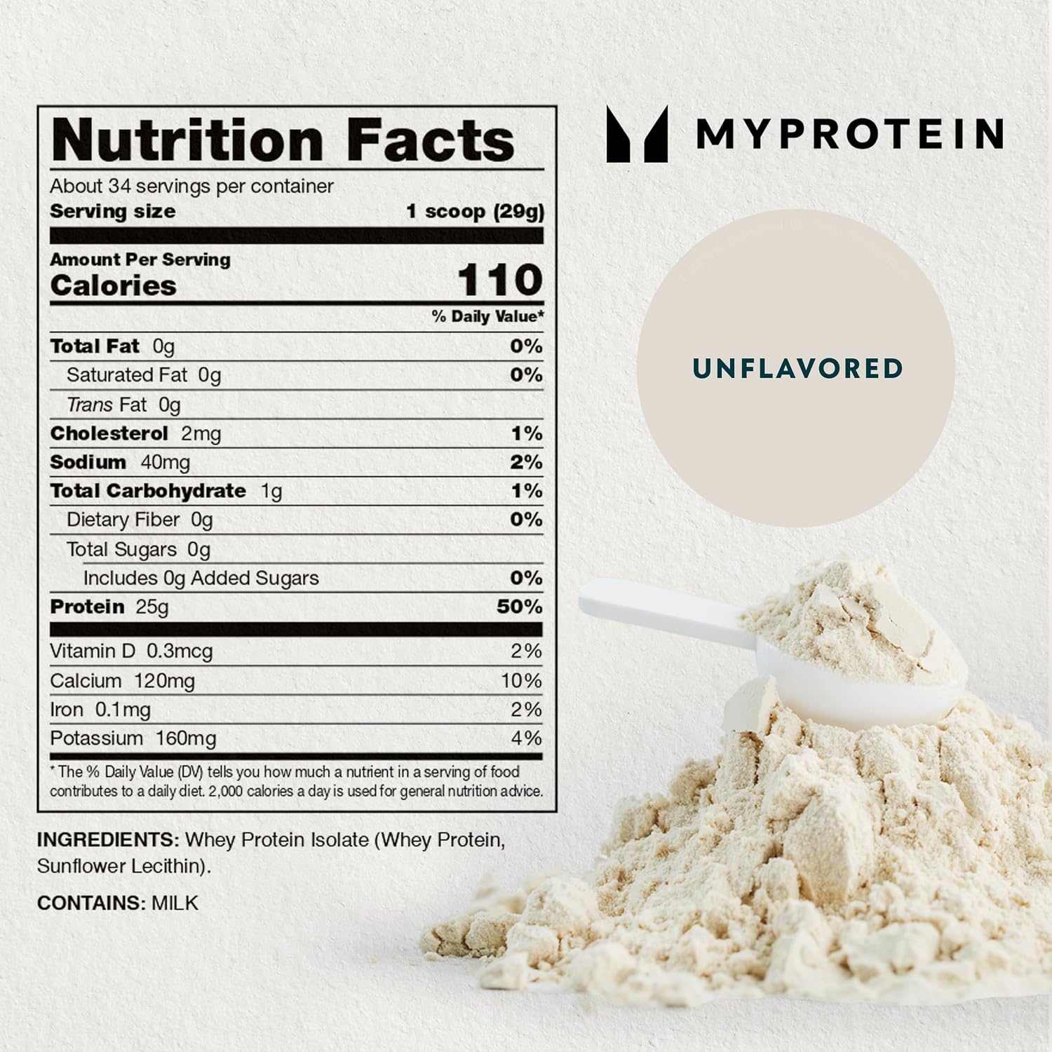 Myprotein Impact Whey Protein Isolate, 2.2 Lbs (40 Servings) Unflavored, 22g Protein, 3.5g Glutamine & 4.5g BCAA Per Serving