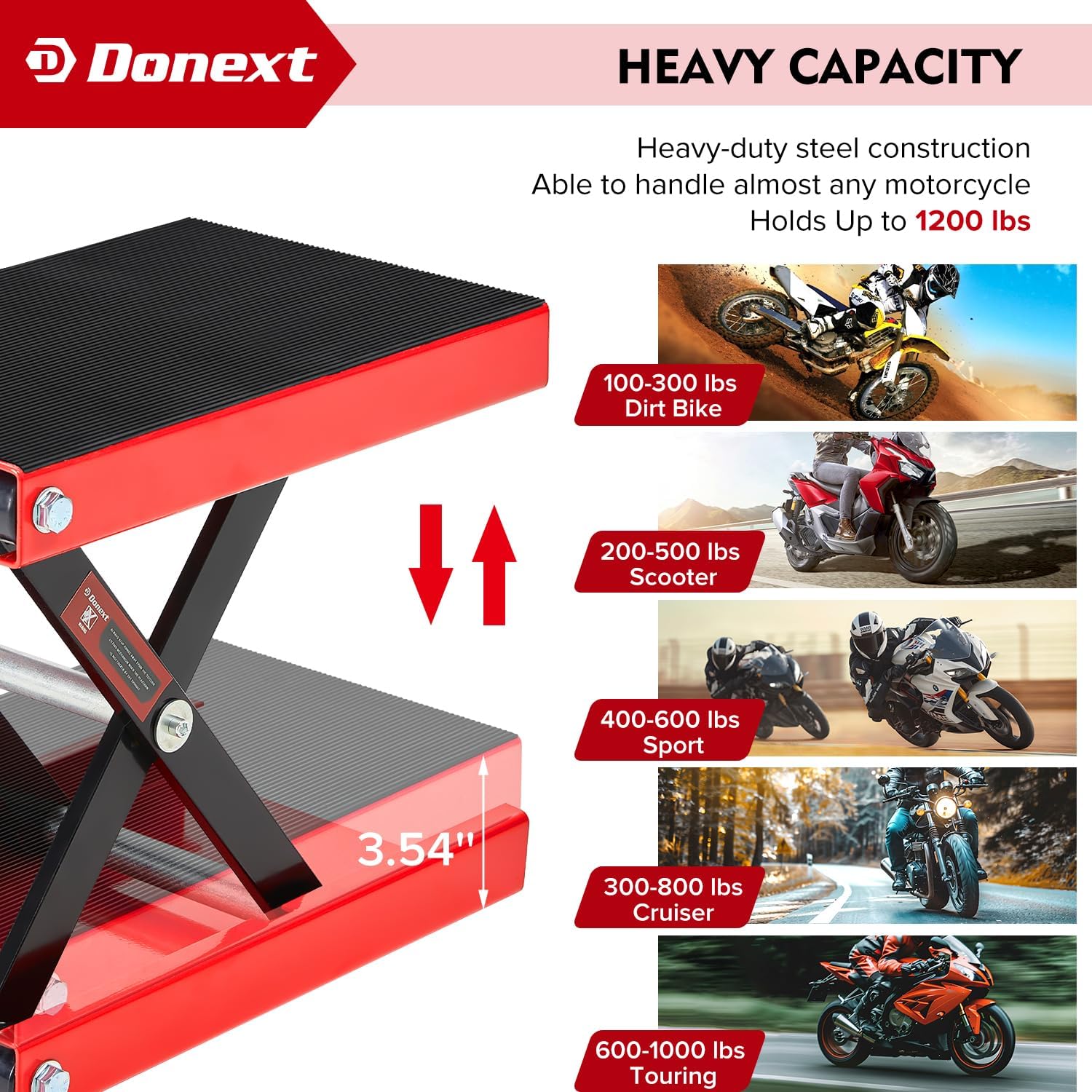 Motorcycle Lift Scissor Jack, 1200 LB Capacity Wide Deck Hoist Stand Maintenance Bikes ATVs Garage Repair Center Stand Lift Jack, Red