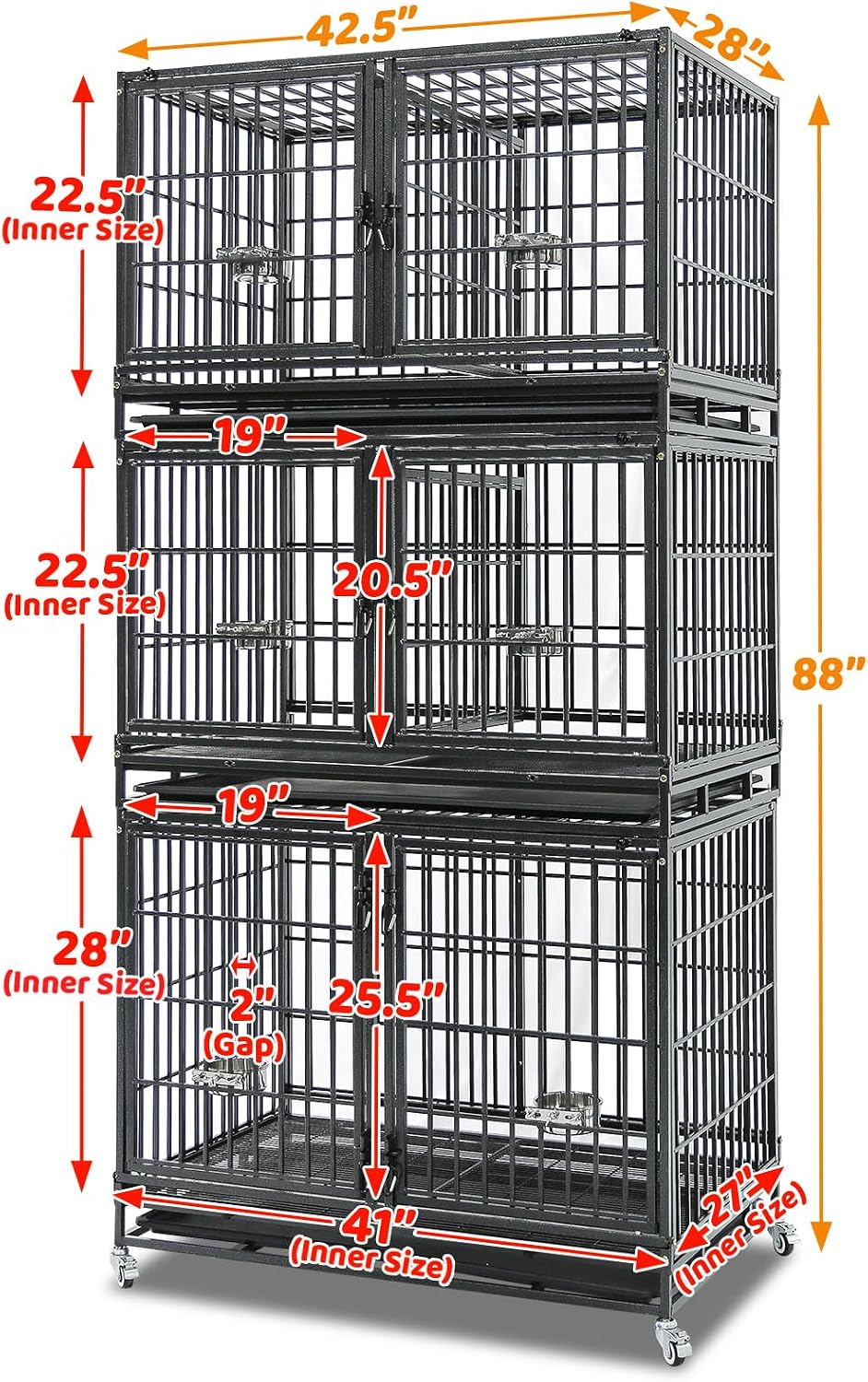 Homey Pet Taller 43" Heavy Duty Double Dog Crates with Divider & Dual Door | Drop Cage for Dogs with Lockable Wheels, Bowls, Removable Tray, Top Access, Ideal for Small to Medium & Large Dogs, Breeders