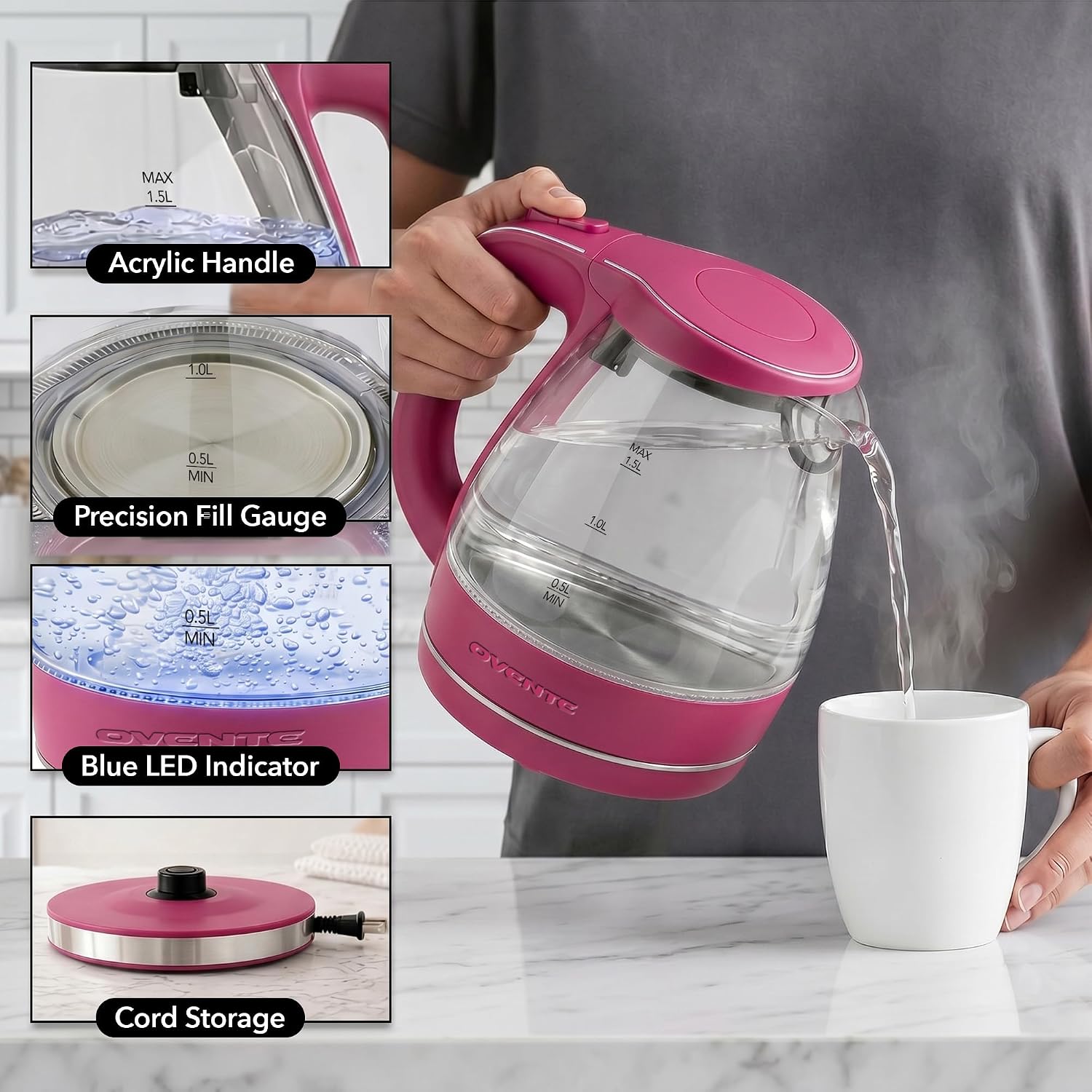 OVENTE 1.5L Glass Electric Kettle Water Boiler, Black KG83B | 1100W Fast Boiling, Borosilicate Glass, BPA-Free, Blue LED, Auto Shut-Off, Boil-Dry Protection, Removable Filter, 360° Base
