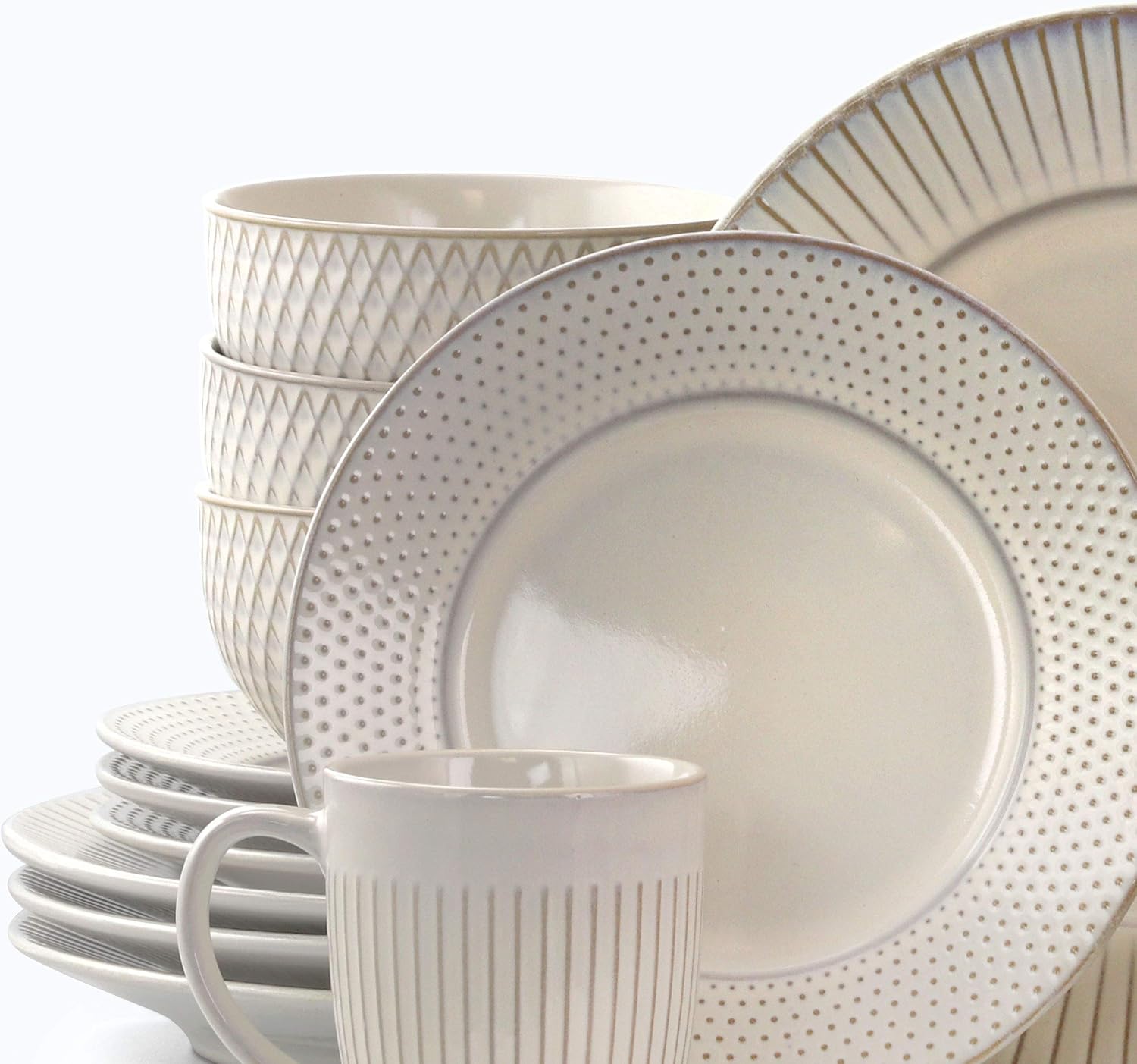 Elama Market Finds 16 Piece Round Stoneware Dinnerware Set in Embossed White
