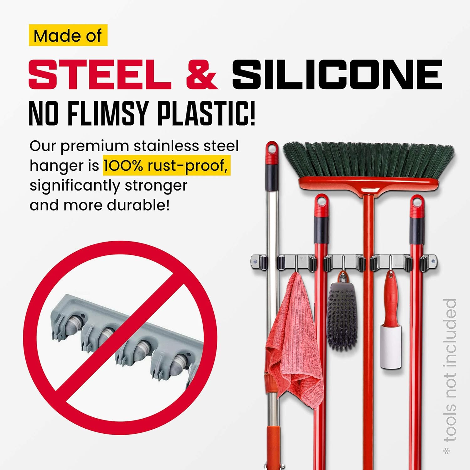 Wall Mount Hanger for Brooms & Mops - Adhesive Stainless Steel Mops & Broom Holder, 4 Clamps, 3 Hooks