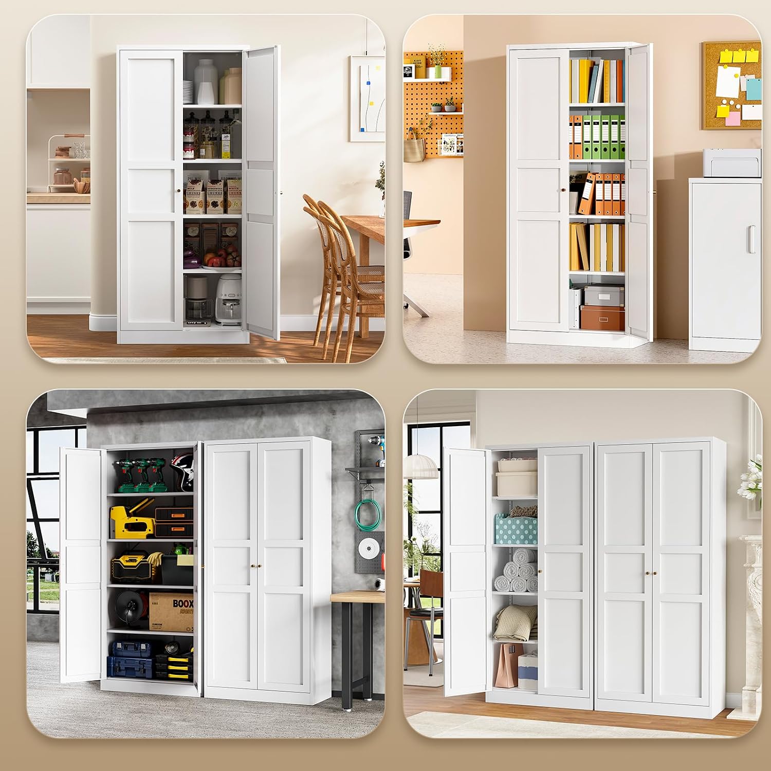 Metal Storage Cabinet with 2 Doors and 4 Adjustable Shelves - 61" White Kitchen Pantry Storage 5-Tier Tall Steel Cabinets Locker for Kitchen, Living Room, Dining Room