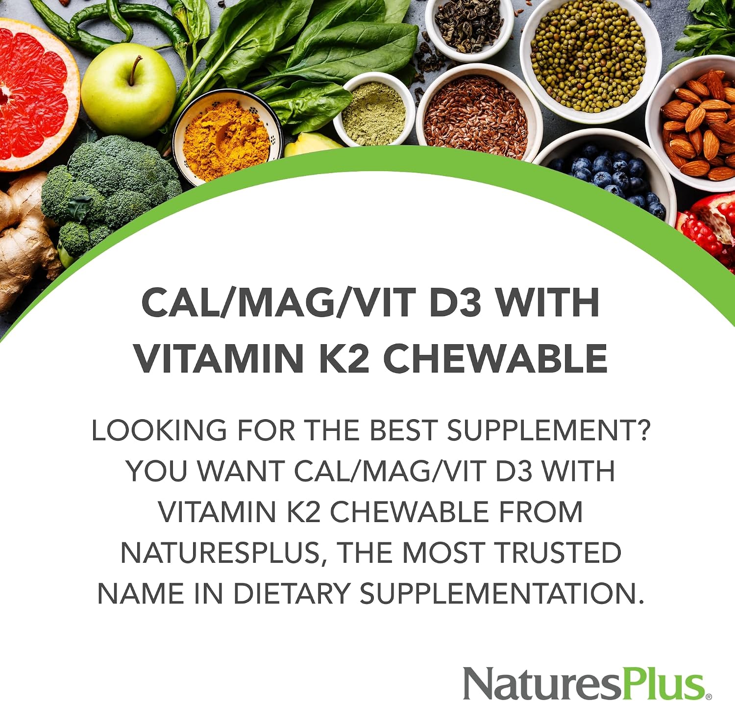 NaturesPlus Calcium/Magnesium/Vitamin D3 with Vitamin K2 - 60 Chewable Tablets - Supports Bone & Immune Health - Vanilla Flavor - Gluten Free - Up to 30 Servings