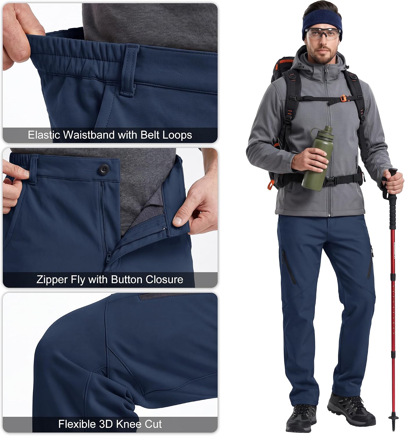 Men's Waterproof Pants Fleece Lined Insulated Winter Hiking Ski Snow Pants