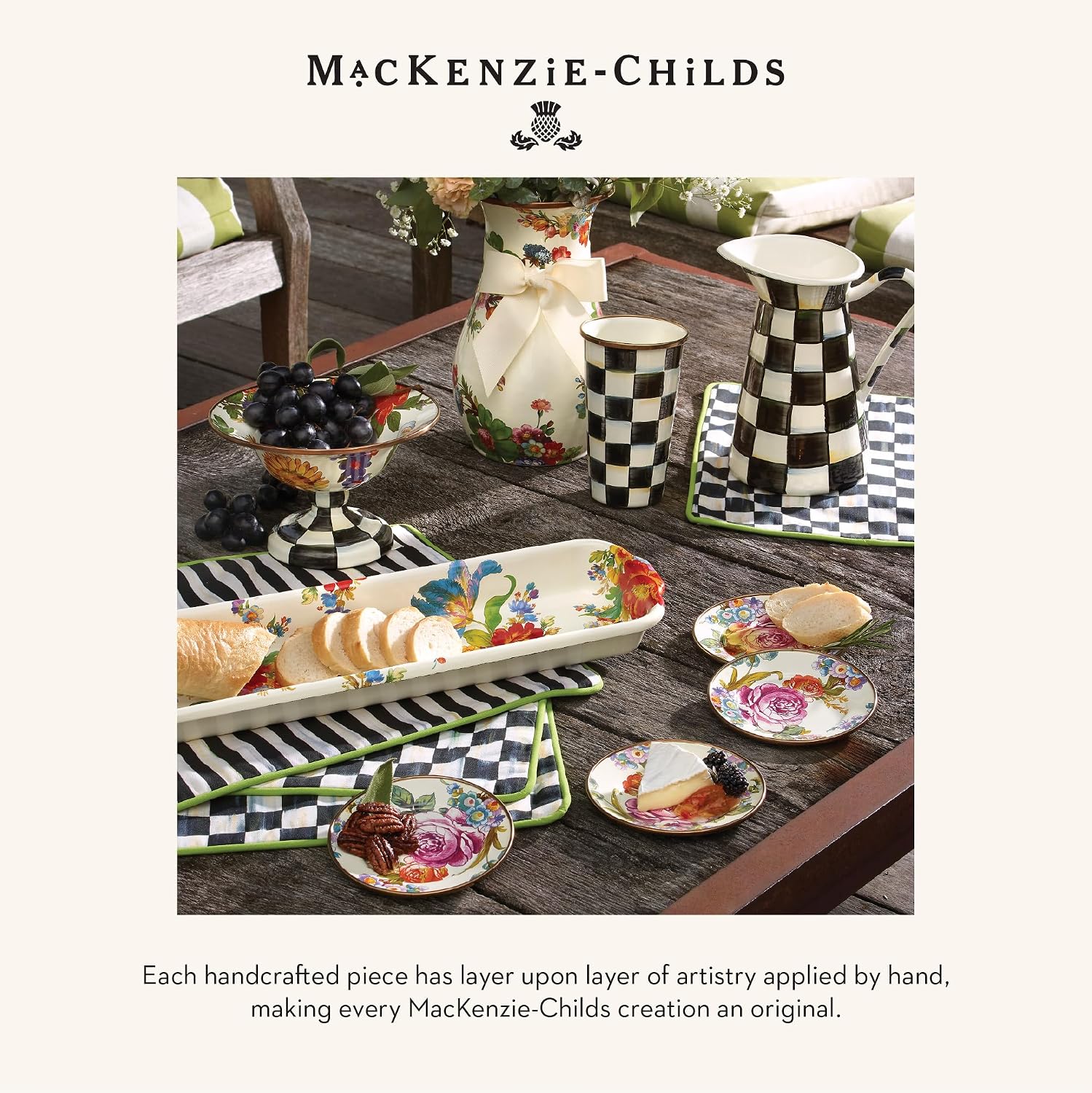 MACKENZIE-CHILDS Enamel Tumbler, Black-and-White Courtly Check | Hand-painted design, elegant drinkware with gold rim, 2.75" dia. x 4.5" H, 10-ounce capacity