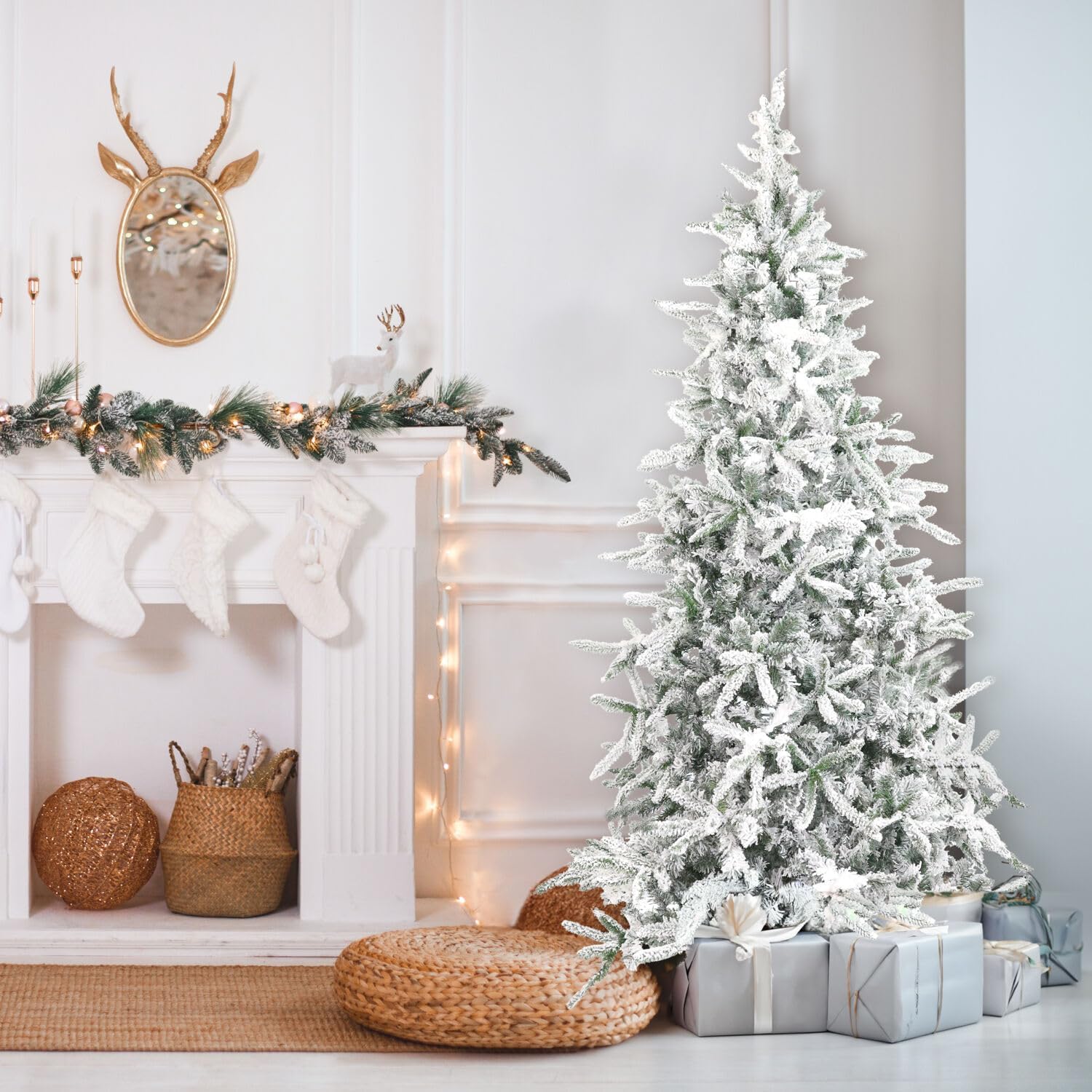 Fraser Hill Farm 7.5-Ft. Mountain Pine Flocked Artificial Christmas Tree with Stand, Unlit Foldable Fake Tree with Realistic Snowy Foliage for Home Decoration