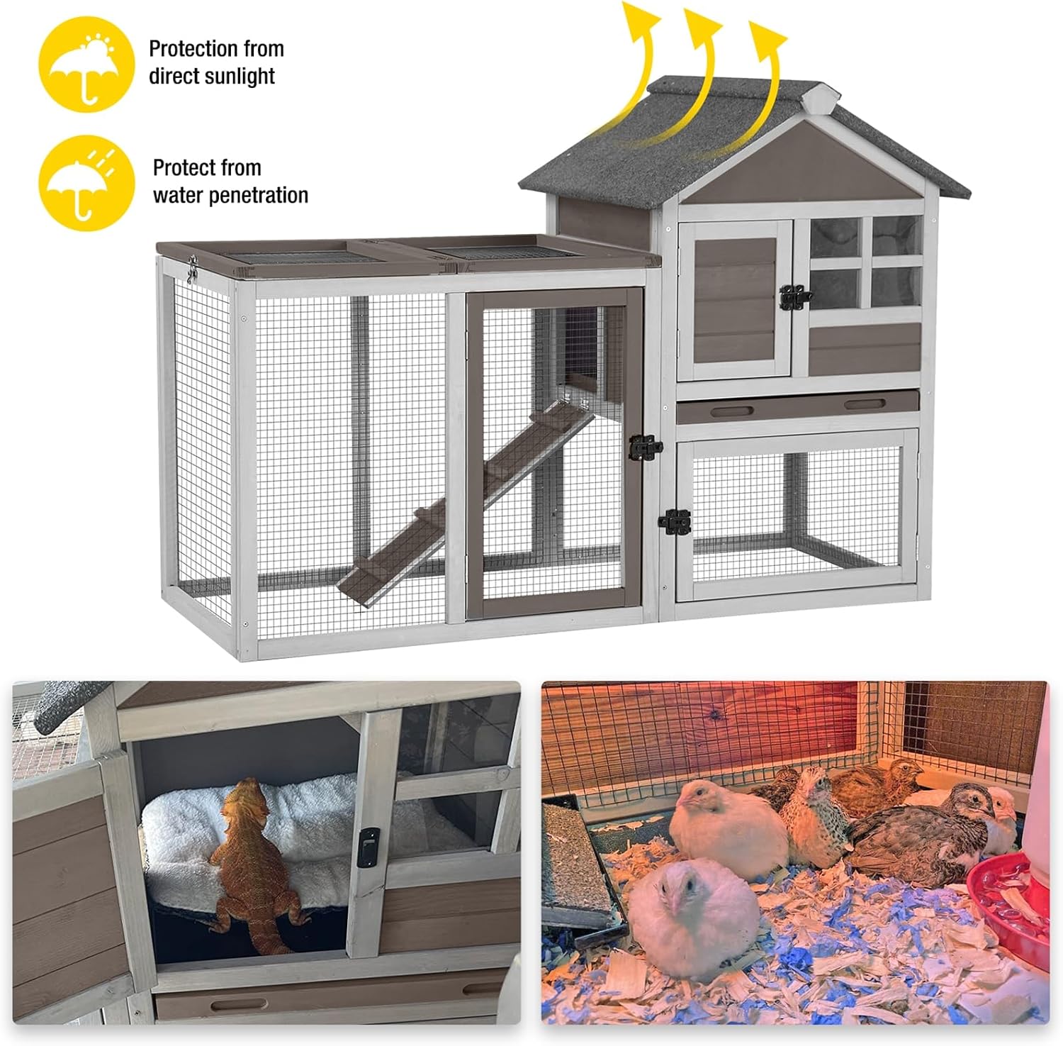 Aivituvin 103.2" L Rabbit Hutch Indoor Outdoor Bunny Cage with Run,Guinea Pig House Pull Out Upper Tray (103.2" L x 25.2" W x 36.2" H, Grey-2 Sets)
