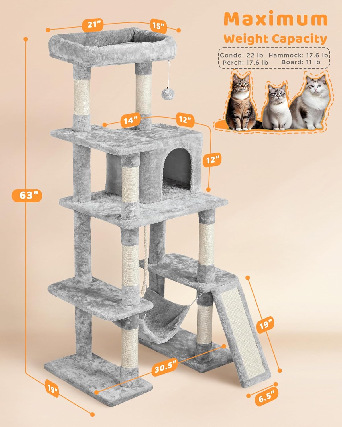 Yaheetech 63in Sturdy Large Cat Tree for Indoor Heavy Cats, Tall Tower