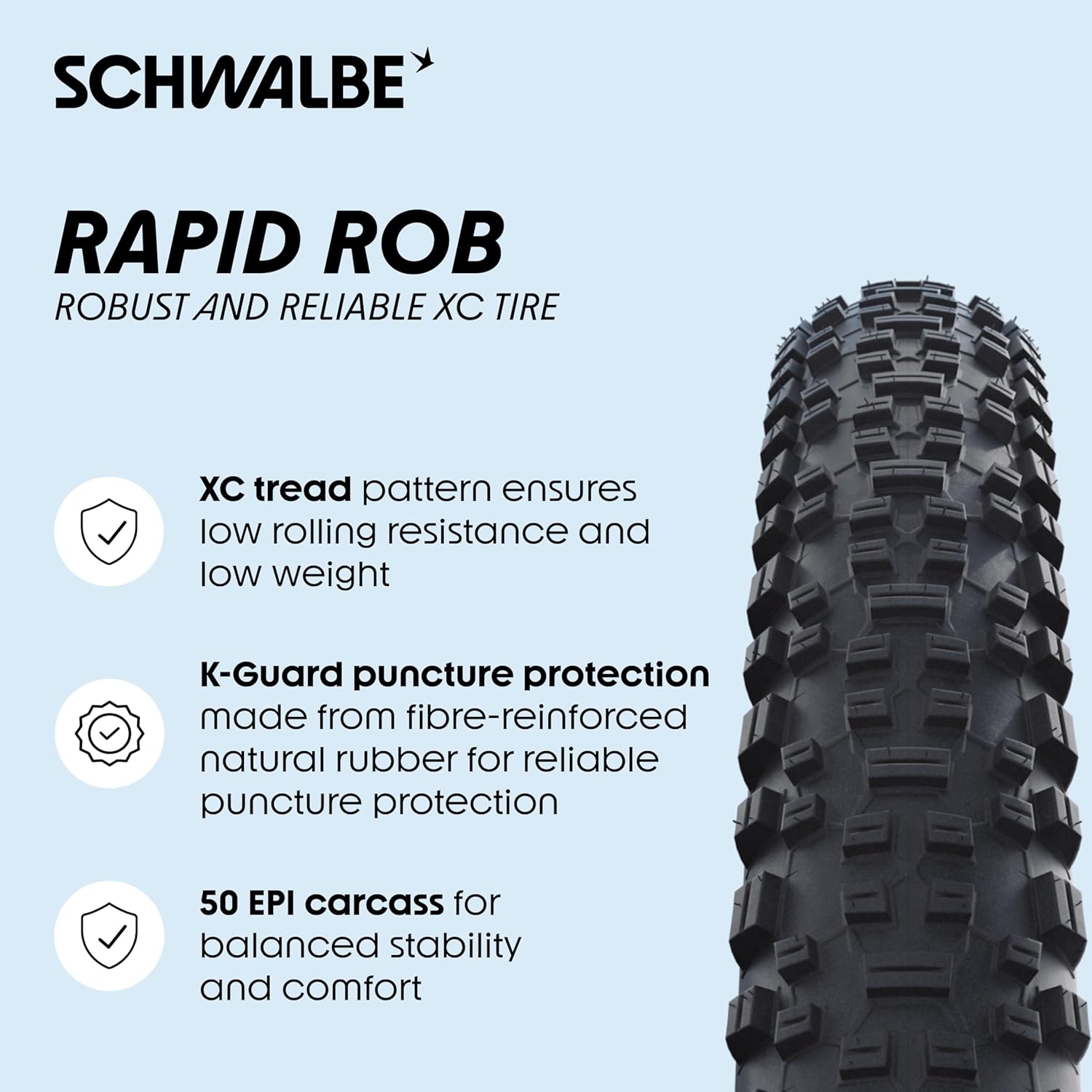 Schwalbe Rapid Rob MTB Bike tire – 26/27.5/29 inches – XC Profile, K-Guard Puncture Protection – Rear tire for Mountain Bikes – Schwalbe MTB tire
