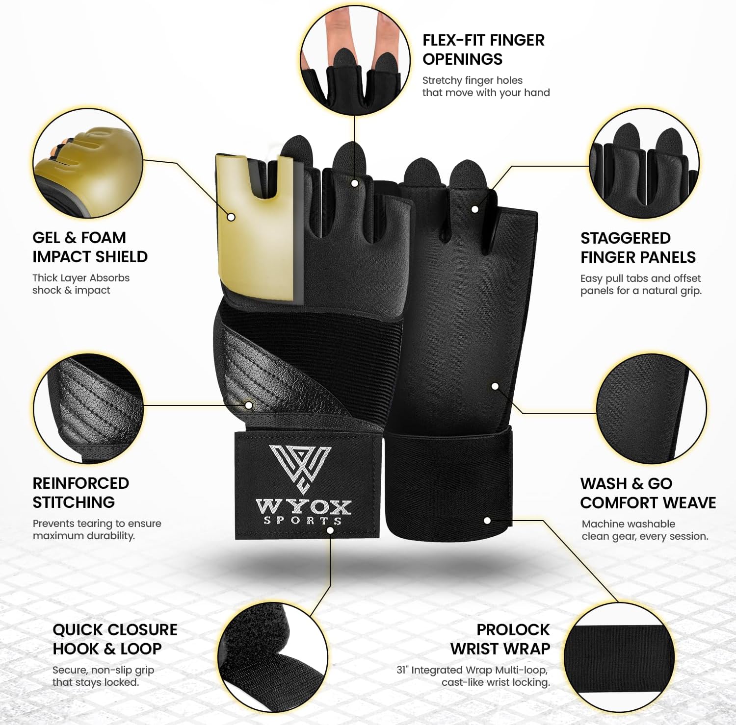 WYOX Neoprene Gel Boxing Hand Wraps Inner Gloves for Men & Women – 80cm/31in Quick Wrist Strap, Padded Knuckle Protection