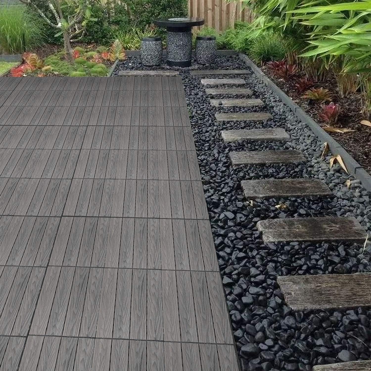 ECOOPTS 12"x12" Interlocking Deck Tiles Patio Floor Tiles Outdoor Flooring Wood Deck Tiles for Porch Balcony Backyard, 9 Slat x 15 Boxes, Brown