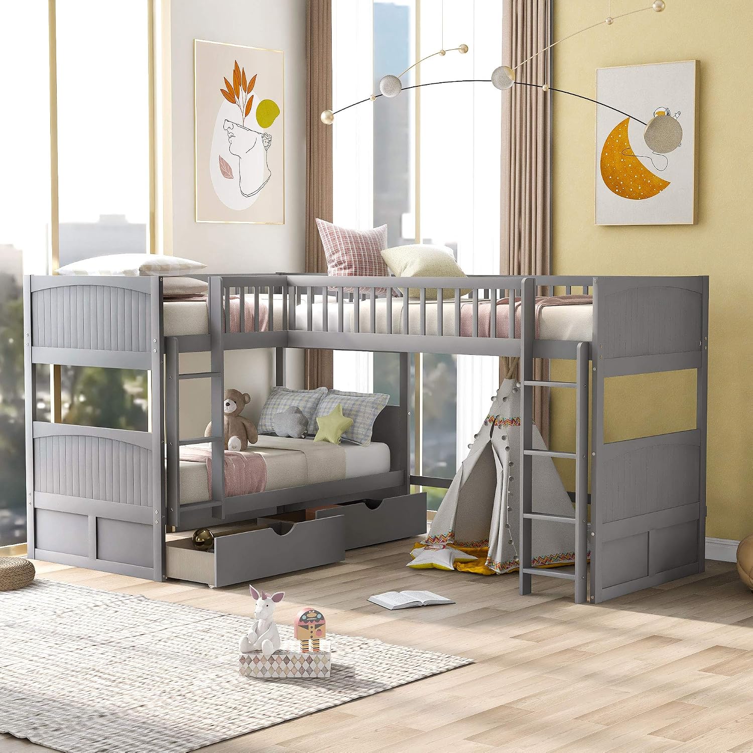 Harper & Bright Designs Twin L-Shaped Bunk Bed with Trundle, Can be Divided into Two L-Shaped Beds, No Spring Box Needed (Grey)