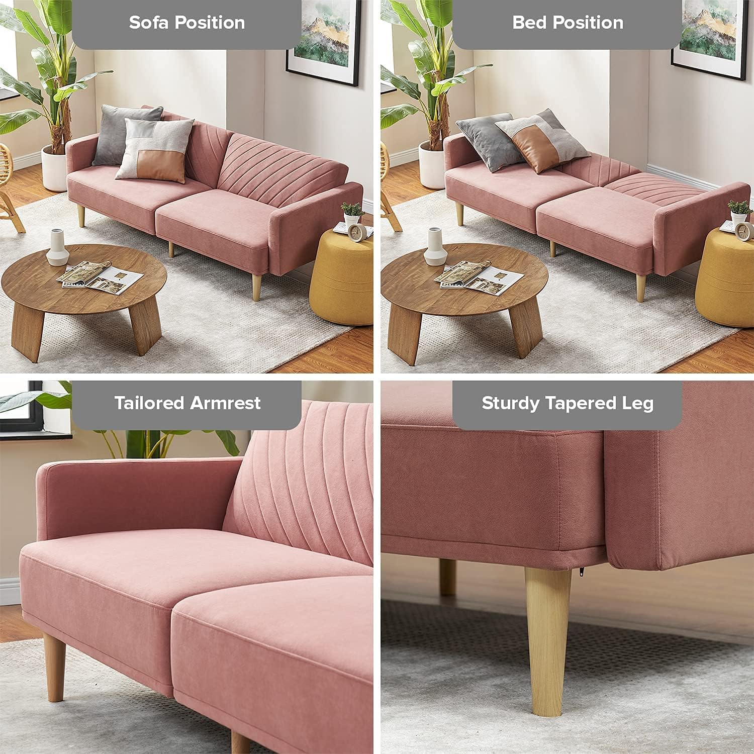 mopio 76.4" Futon Sofa Bed Chevron Styled, Sleeper Couch (Old Rosa Velvet)