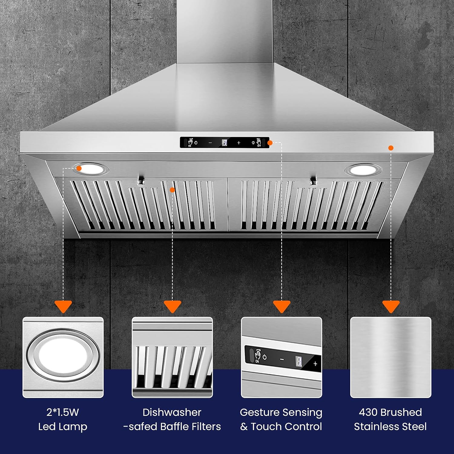 Tieasy Wall Mount Range Hood 30 inch Kitchen Hood 700 CFM with Ducted/Ductless Convertible Duct, Touch Control, Permanent Filters, Stainless Steel