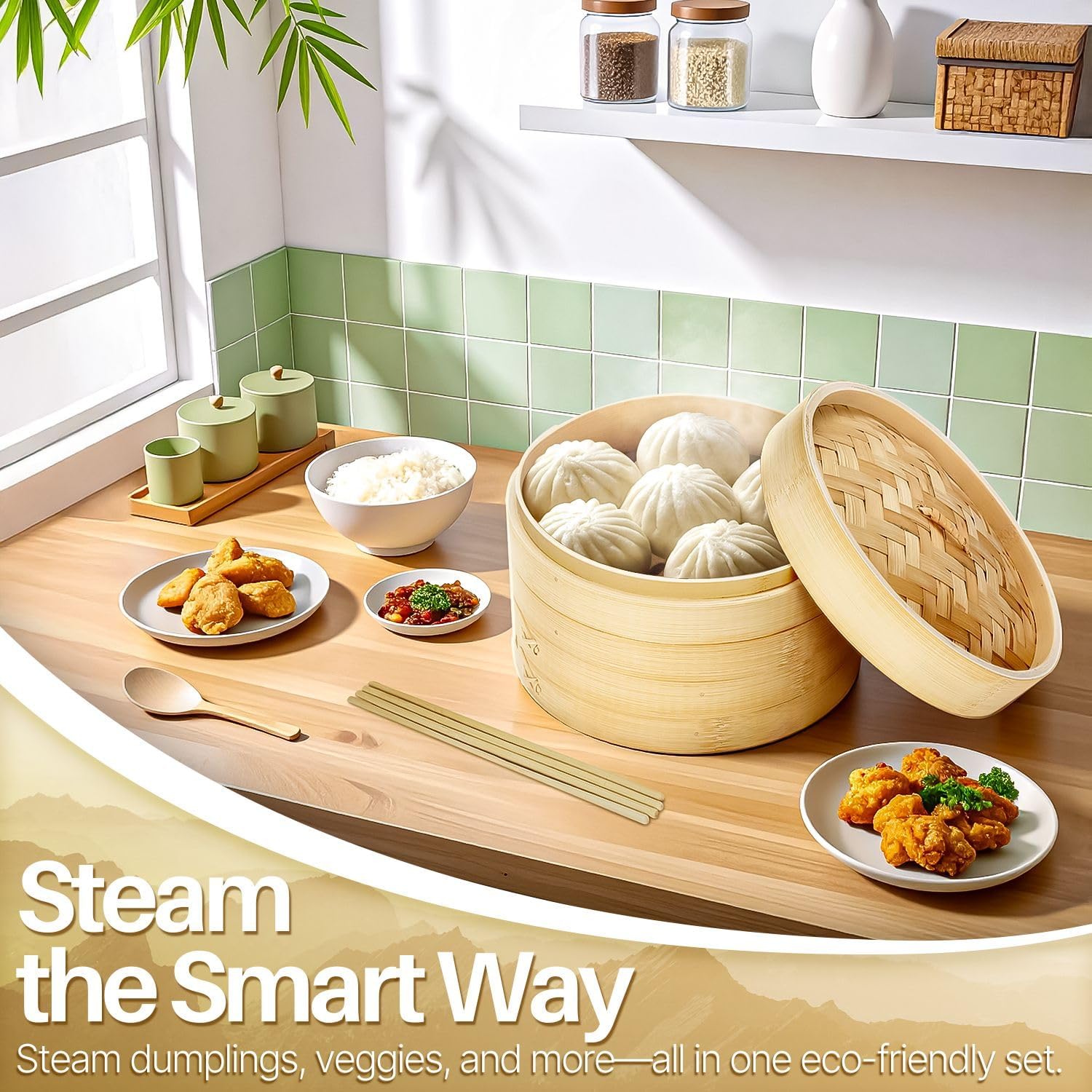 Flexzion Bamboo Steamer Basket Set (8 inch), 50 x Steamer Liners and 2 Pairs of Chopsticks, Steam Baskets for DimSum Dumplings, Rice, Vegetables