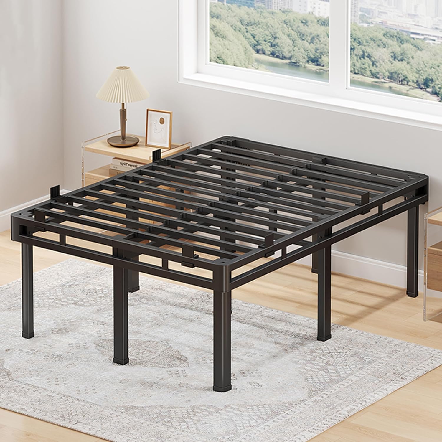 Superay 24 inch HIgh Queen Bed Frame with Rounded Legs, Double Layer Design | Metal Bed Frame & Box Spring 2 in 1 High Platform with Matress Gasket & headboard Adapter, Heavy Duty Support 4000lbs, Black