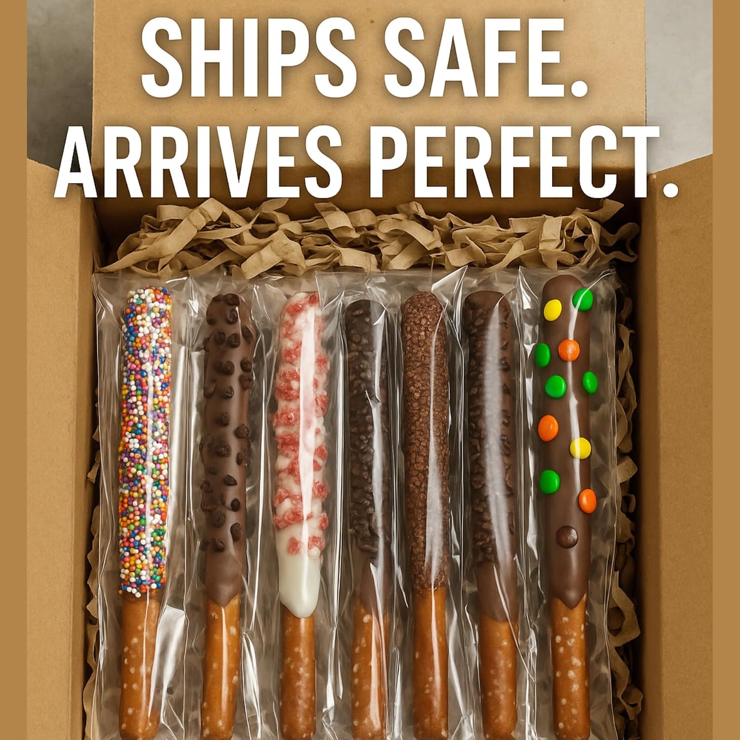 Chocolate Covered Pretzel Rods Gourmet Pretzel Sticks with Rainbow Sprinkles & Assorted Toppings Bulk 50 pack Individually Wrapped Chocolate Covered