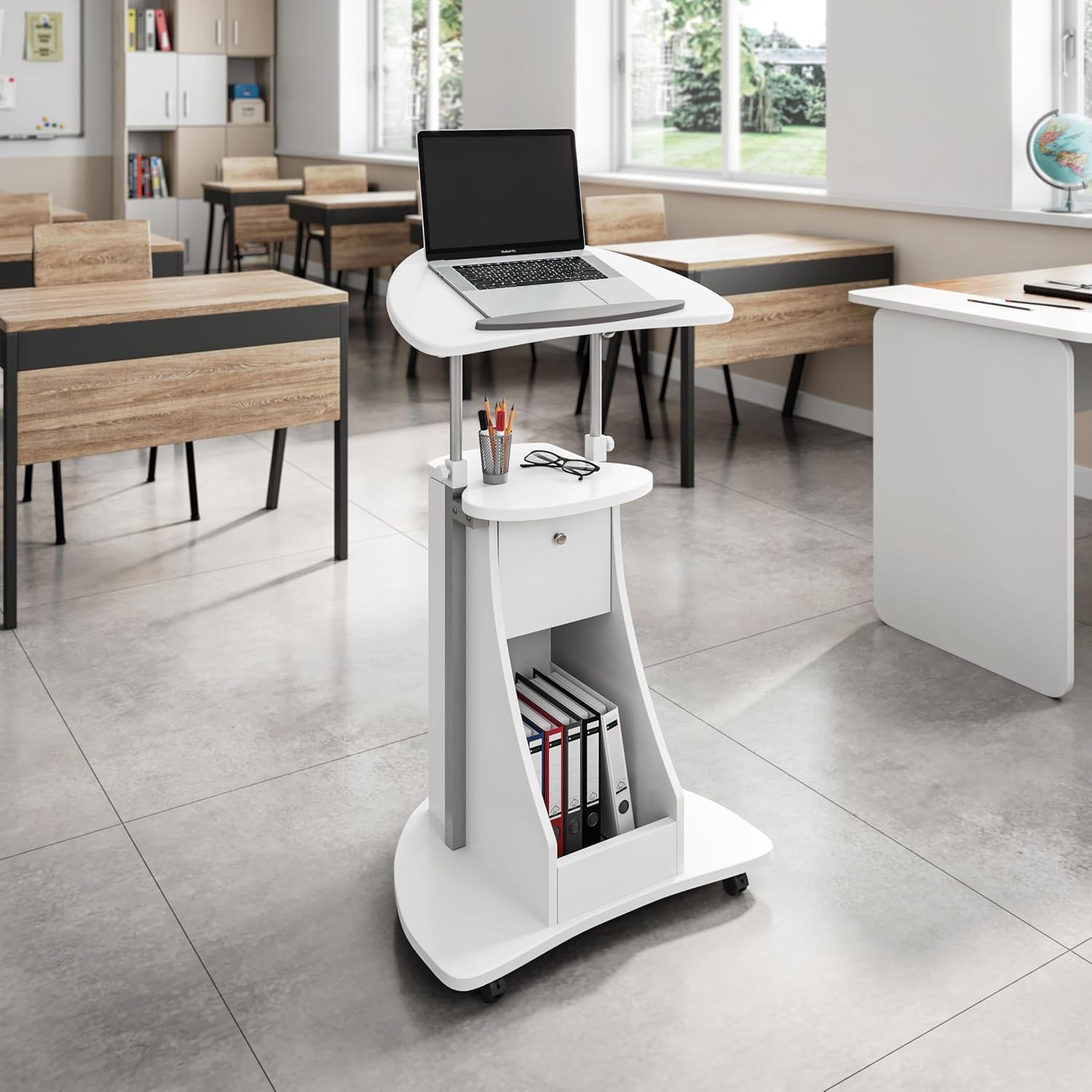 Techni Mobili Adjustable Height Rolling Laptop Cart with Storage, Graphite | Adjustable height rolling laptop cart with storage drawer, open shelf, wheels, sit‑stand design for office or medical use