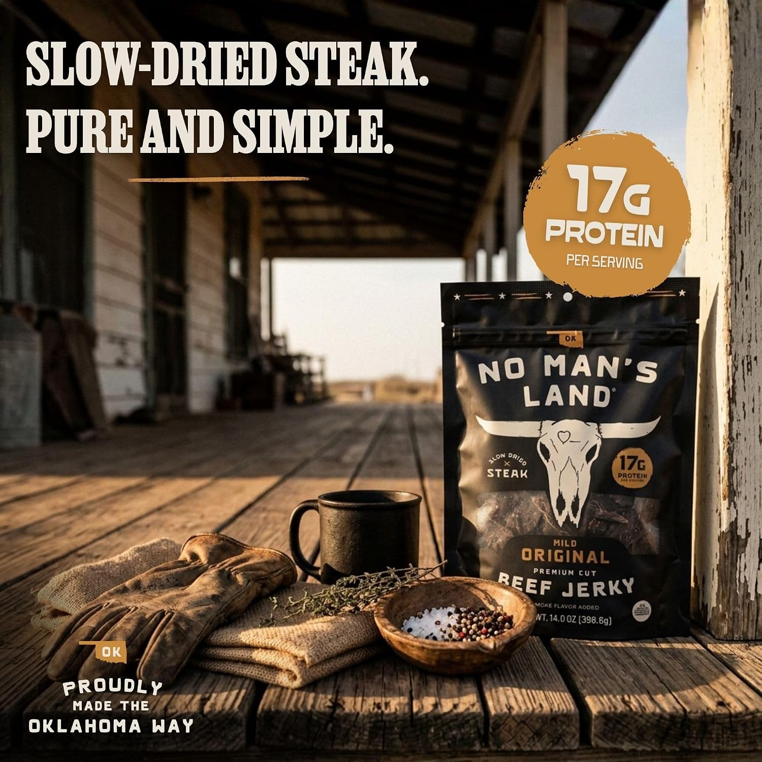 No Mans Land Slow-Dried Beef Jerky | Smoked & Seasoned Jerky Strips | High Protein, Low Carb Beef Snack | Gluten Free - MILD (16oz)
