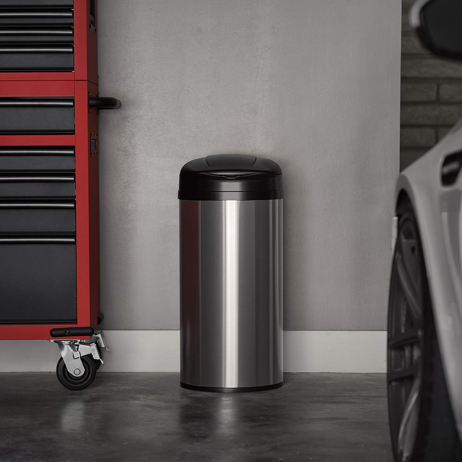 NINESTARS CB-DZT-50-98-1C Automatic Touchless Motion Sensor Oval & Rectangular Trash Can Combo Set, 13.2 Gal. 50 L. & 2.1 Gal.8 L., Stainless Steel